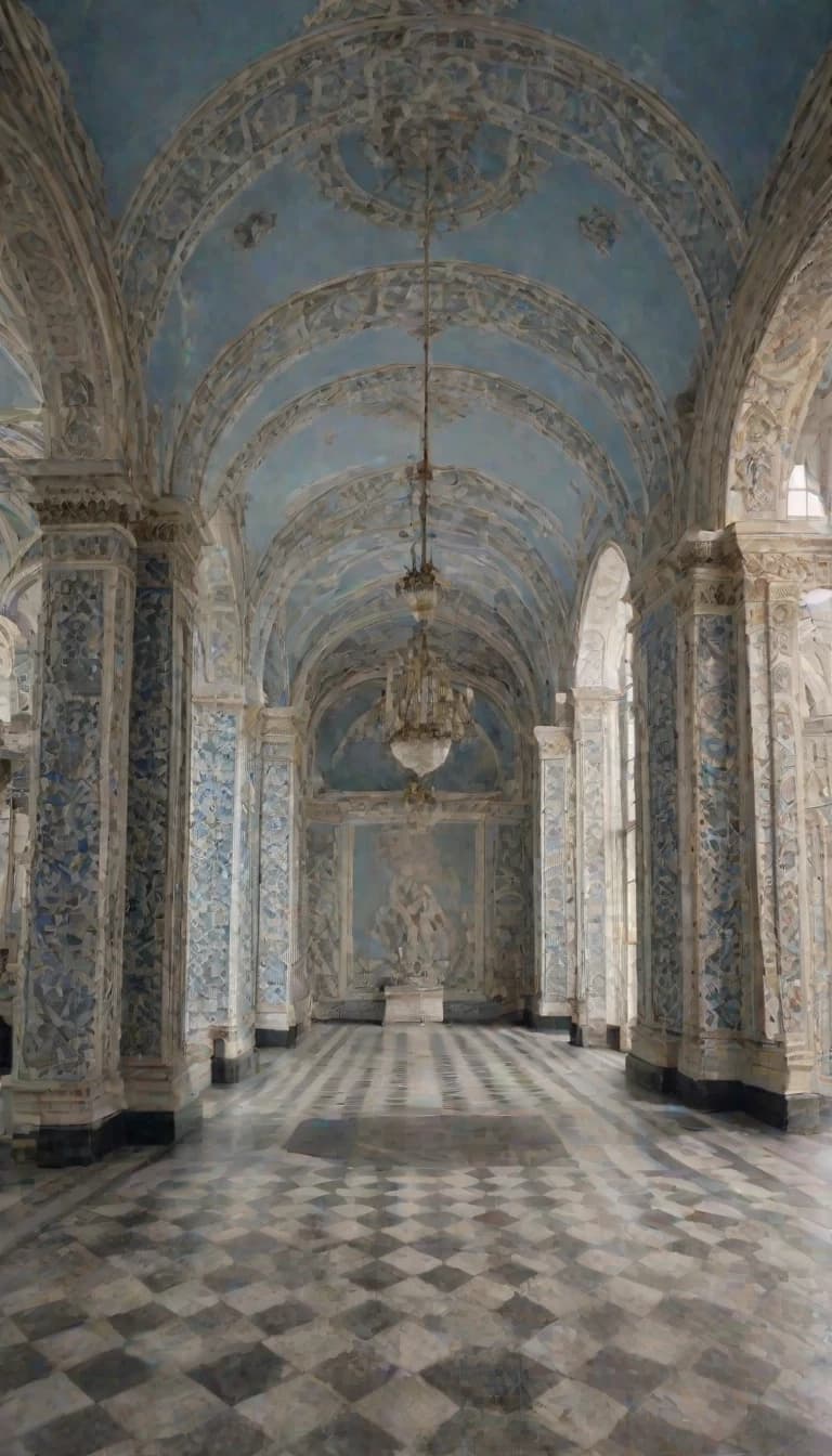 A large, semi-circular, white hall with no windows. Along the walls are sculptures depicting a ball on a very thin pillar. The walls are adorned with paintings depicting a ball on a pale blue background, with the surface of the ball covered in a mosaic pattern made up of numerous small black and mirror-like tiles, standing on a very thin pillar on a pale blue background. In the center of the hall is a holographic terminal. Standing near the terminal is a tall, muscular man in a flight suit without any insignia, accompanied by a 12-year-old boy. In the background, near the wall, a man in a silver-black suit is sitting on one of the soft chairs with a surprised expression on his face, while a young man in a flight suit with a thin sword on his belt is standing next to him. Above the holographic terminal, a three-dimensional image of the planet Earth is rotating, consisting of a mosaic pattern made up of numerous small black and mirror-colored tiles.