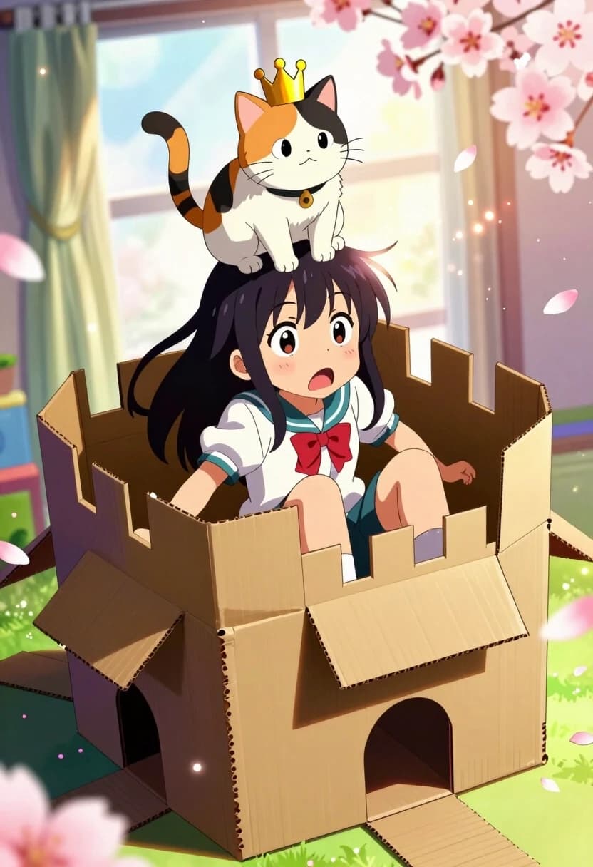 A stunning 8k cinematic anime shot with breathtaking visual effects. The rebel schoolgirl is secretly obsessed with building miniature cardboard forts for her pets. She is captured in a funny, awkward pose, squeezed into a tiny, colorful cardboard castle, her legs sticking out. Her face is a masterpiece of "caught in the act" expression—wide eyes, a tiny blush, and a panicked but cute look. A chubby, fluffy calico kitten is sitting on top of her head, acting as the "king" of the castle with a tiny golden crown. Background is a burst of vivid colors, with floating cherry blossom petals and sparkling magical dust. Lighting: soft, warm sunlight filtering through curtains, creating a dreamy, high-contrast glow. Shot with a dynamic Dutch angle, extreme depth of field, vivid saturation, crisp lines, and fluid, expressive character acting.