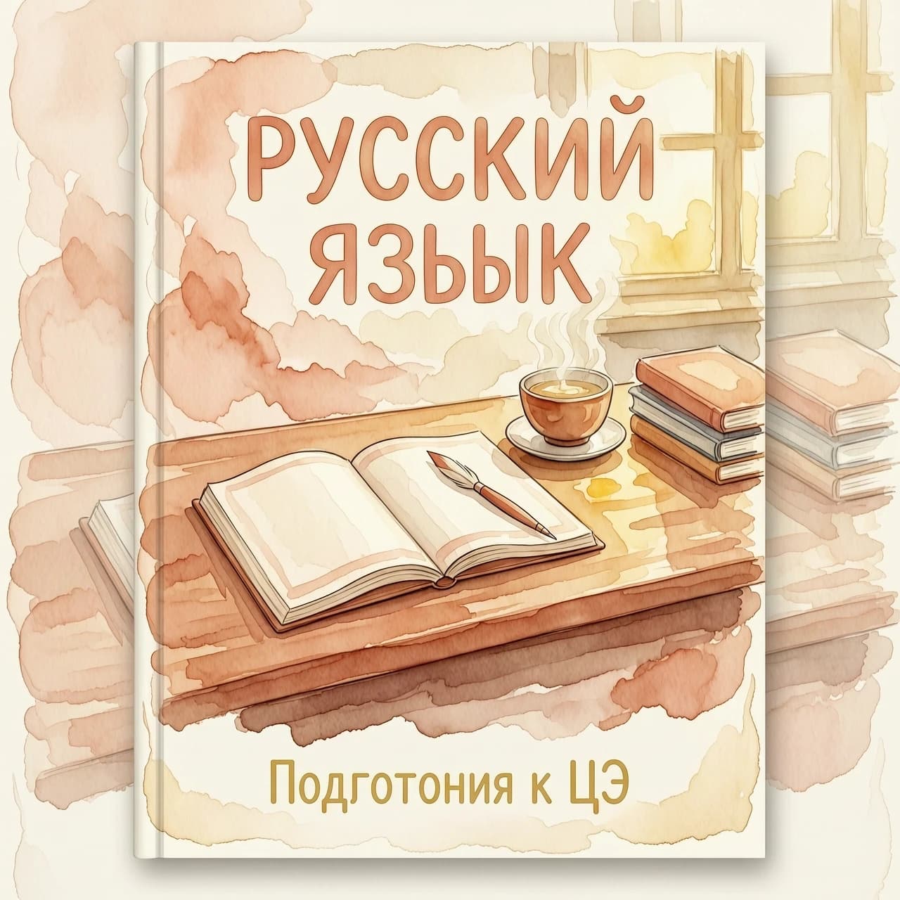 Концепция обложки для тетради по русскому языку (подготовка к ЦЭ)
Обложка выполнена в мягкой акварельной технике с эффектом мокрой бумаги и размытыми, плавными краями, создающими атмосферу спокойствия и утренней сосредоточенности. Цветовая палитра ограничена тёплыми пастельными тонами: приглушенный персиковый, кремовый, матовый терракотовый и светло-золотистый, без ярких акцентов.
Композиция по слоям:
Фон: Кремовая акварельная основа с размытыми персиковыми и терракотовыми пятнами, имитирующими мокрые разводы на бумаге. В правом заднем плане — почти неразличимое окно с мягким золотистым утренним светом, размытое до состояния полупрозрачного блика (без четких рамок).
Центральная сцена: Уютная деревянная парта из приглушенного терракотового дерева с плавными акварельными штрихами. На ней:
Раскрытая тетрадь с кремовыми страницами и тонкими персиковыми полями по краям; на листе лежит тонкое перо или мягкая кисть в персиковом футляре, слегка смещенное к правому углу тетради.
Рядом с тетрадью — маленькая керамическая чашка коричневато-терракотового цвета с паром, стекающим в золотистый блик, и тонким белым блюдцем под ней.
Справа от чашки — стопка тонких книг с персиковыми и кремовыми обложками, размытые по краям, чтобы не отвлекать внимание от основной композиции.
Надписи:
В верхней части обложки крупная акварельная надпись «РУССКИЙ ЯЗЫК» в персиковом тоне с мягкими, размытыми краями букв (без четких контуров).
Ниже, под центральной сценой, мелкая акварельная надпись «Подготовка к ЦЭ» в светло-золотистом тоне, выполненная в более аккуратном, но не жестком шрифте.
Дополнительные детали:
По краям обложки добавлены тонкие, почти неразличимые акварельные штрихи, имитирующие края мокрой бумаги, чтобы усилить естественность эффекта. Вся сцена пропитана атмосферой тихой утренней подготовки к уроку, без лишних деталей, которые могли бы отвлечь от сосредоточенности на подготовке к ЦЭ.