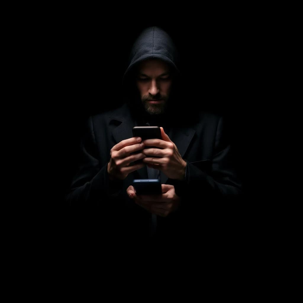 Создай обложку на которой на черном фоне стоит мошенник в руках сотовый телефон и он пытается тебя обмануть,в кинематографическом стиле