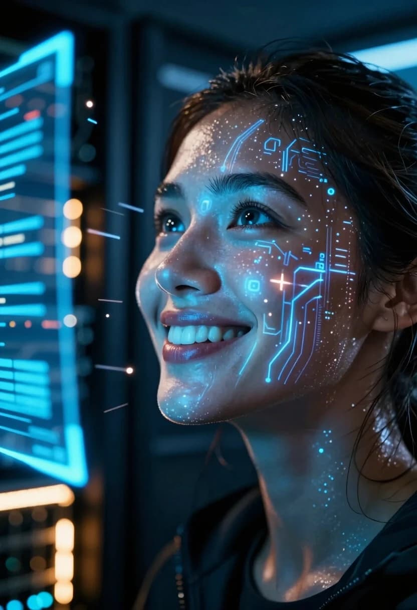 Cinematic hyper-realistic close-up, 8K. A female hacker in the middle of a high-stakes moment. She’s not looking at the camera; she’s looking slightly above it, at a floating holographic display. Her face is lit by the intense blue glow of the hologram. Her expression is a mix of concentration and triumph: her eyes are wide and focused, her lips parted in a sharp, exhilarated grin — the kind of smile you get when you’ve just cracked a tough code.
Her face and neck are partially obscured by translucent, glowing data streams. These are not words, but abstract visualizations of data: flowing particles, circuit traces, and geometric shapes that move and pulse with light. Some elements appear to be projected onto her skin, while others seem to be visible through it.
Lighting: the primary light source is the hologram itself — a bright, cold blue that casts sharp shadows and creates a dramatic contrast. There’s a secondary warm amber light from a distant server rack, adding a subtle contrasting tone to the shadows.
Details: hyper-detailed skin texture, visible pores, and the sheen of adrenaline-induced sweat. Her irises are crystal clear with multiple catchlights. Strands of her dark hair are slightly disheveled, adding to the intensity of the moment.
Background: dark, industrial server room or high-tech control center. Out-of-focus blinking LEDs, server racks, and floating data readouts create a sense of a busy, high-tech environment.
Technical: dynamic lighting, volumetric light rays, motion blur on the floating data particles, shallow depth of field, focus on the eyes and the glowing data patterns.