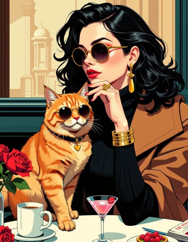 A masterpiece, in the style of the 1980s, with bold lines, dynamic strokes and rich textures, on background with a touch of nostalgia, perhaps with subtle drawings inspired by cellulose and vintage, worn textures similar to paper, oil painting, Glamorous Parisian café portrait of a stylish woman and her fluffy orange Persian cat, ultra-photorealistic editorial fashion scene; woman with voluminous dark curly hair, round gold-framed sunglasses, oversized brown faux-fur coat over a black velvet turtleneck, bold gold hoop earrings, stacked gold bracelets and rings, contemplative pose with chin resting on hand; cat seated on table wearing matching round sunglasses and a heart-shaped gold tag on a black collar; table props include a white espresso cup, folded "Le Figaro" newspaper headline visible, a small berry tart, and a pink cocktail in a martini glass; background hints of classic Parisian architecture and red roses, warm golden-hour backlight, cinematic soft shadows; shallow depth of field, 85mm portrait lens feel, f/1.8 bokeh, high-resolution detail on skin, hair, fur, fabric and jewelry, rich warm color grading, gentle film grain, subtle vignette, dramatic yet elegant mood, ultra-detailed textures and photoreal clarity. simple background celshading,