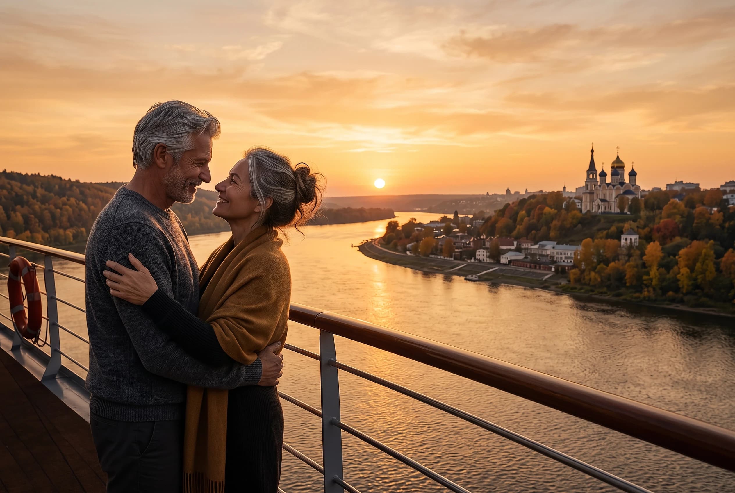 Redraw majestic high-resolution, cinematic wide shot romantic photo captures an older couple, aged 50–60, with gray in one's hair, in an embrace on the deck of a luxury premium river cruise ship during a breathtaking sunset. The background features a wide, shimmering river reflecting the golden warm hues of the sky, leading the eye toward a picturesque Russian riverside, forests with yellow and red leaves, town nestled at the foot of a hill topped by a historic Orthodox cathedral. It is october, autumn, still warm but already feel cold in the air. The sky is a masterpiece of soft oranges, deep golds, and gentle ambers, with thin, wispy clouds catching the last rays of the sun which sits low on the horizon. The lighting is soft and backlit, casting the couple in a gentle silhouette while highlighting the contours of their faces and the textures of their clothing. The color palette is dominated by warm, monochromatic tones of gold and ochre, contrasted against the dark, cooling shadows of the ship's railing and the couple. The overall atmosphere is one of serene romance, tranquility, and timelessness, captured with the high-fidelity clarity of professional landscape photography.