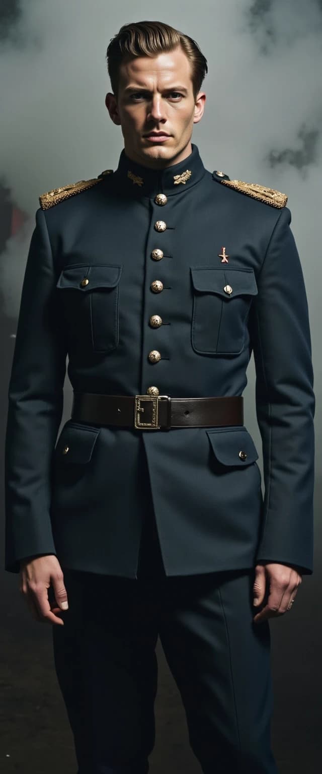Create a detailed full-length cinematic portrait of a 25-year-old slender and athletic officer of the Russian Imperial Army. His expression is tense: his gray eyes express obvious anxiety, but his gaze is bold and determined, staring straight ahead. Focus on his eyes, making them the emotional basis of the image. His figure and stern expression convey a general sense of tension and anxious readiness. The background is shrouded in smoke and steam. The lighting should be spectacular: the rays of the spotlight cast deep shadows and glare on the hero's face and his figure.