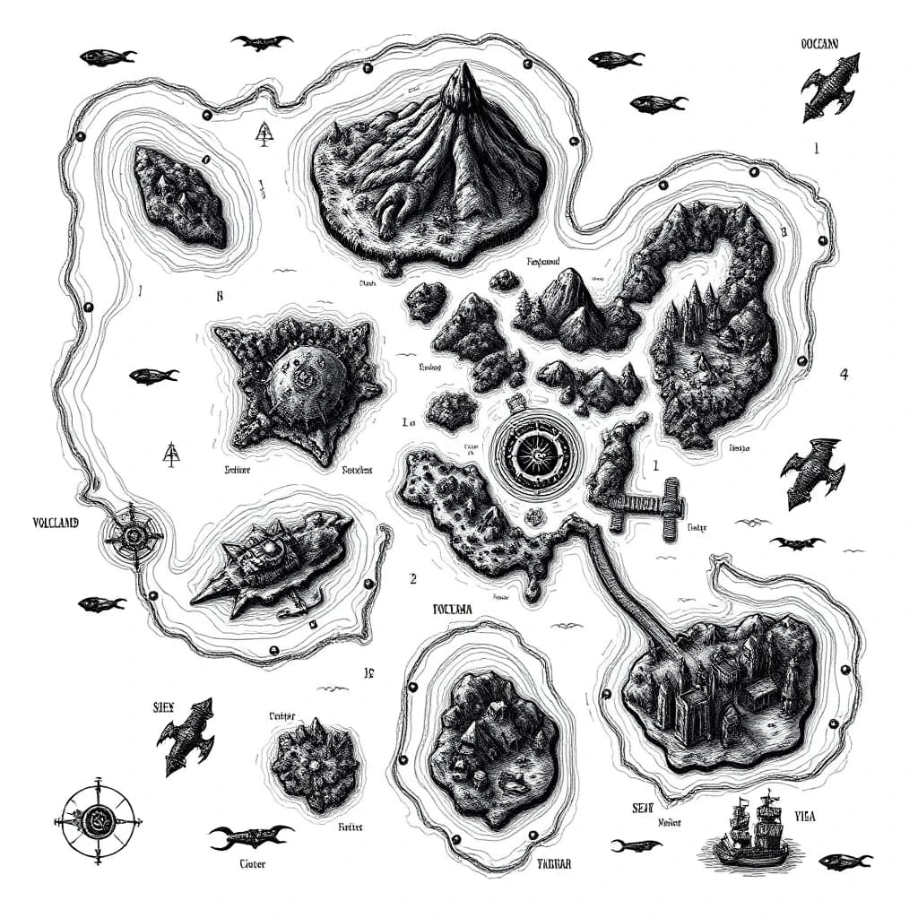2D top-down authentic gritty dark fantasy nautical map, high-detail medieval woodcut style, inspired by Tainted Grail: Fall of Avalon. Pure white background with sharp, ultra-thin black outlines, strictly no frame, no borders, no fills, no gradients, clean line art. The sea area is rendered with realism, using fine vintage wave etching:1, mystery fantasy runes:8, and warning emblem markings:5. Sharp, realistic coastlines feature traditional dark fantasy cartography hatching. The map depicts an archipelago of 5 large distinct climate islands and 10 small random islets, rendered as detailed hand-drawn topography symbols. The volcanic wasteland island contains Volcanoes:1, Ruined Castles:2, Ancient Altars:3, Caves:4, Rivers:3. The corrupted swamp island contains Burnt Forests:5, Swamps:4, Wooden Bridges:3, Worn Huts:2, Sunken Ruins:3. The frozen tundra island contains Glacial Rivers:2, Ice Caves:3, Stone Obelisks:4, Frozen Fortresses:1. The overgrown ancient jungle island contains Dense Forests:6, Overgrown Temples:2, Rope Bridges:4, Ritual Altars:3, Hidden Caverns:5. The central shattered citadel island contains Megalithic Castle Ruins:1, Abandoned Cathedrals:2, Broken Stone Bridges:5, Crypts:4. The small scattered islets feature Lone Watchtowers:3, Shipwrecks:4, Treasure Caches:5. The surrounding ocean includes menacing Sea Monsters:4 thin outlines. Every object, terrain line, and topographic feature is rendered exclusively as a hollow, gritty medieval engraving line. Strictly zero solid black blocks, strictly zero text words, highly detailed masterwork.