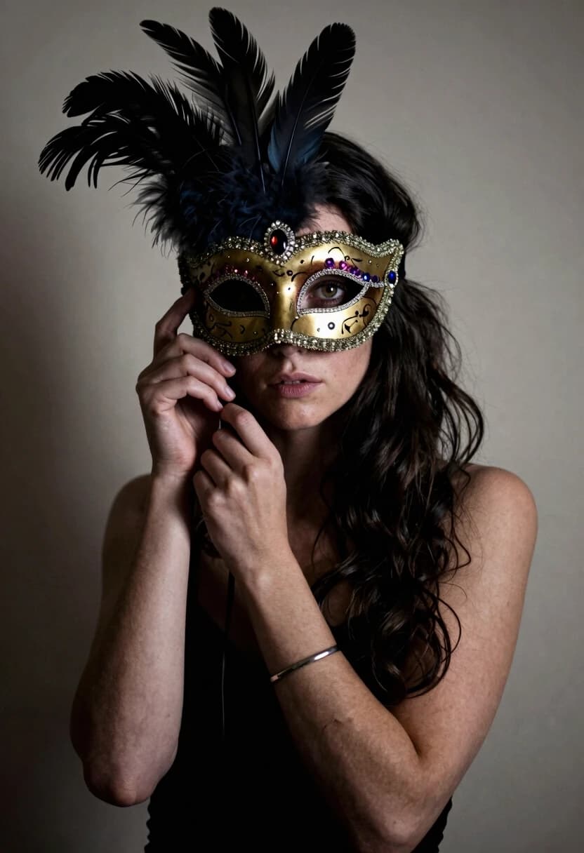 Masterpiece, best quality, ultra detailed, 8k, photorealistic, cinematic lighting, sharp focus.
A 25-year-old white woman with long dark wavy hair, holding an ornate Venetian mask adorned with feathers and precious gemstones that covers half her face. Her visible eye gazes directly at the viewer with intense emotion. She wears a simple metallic bracelet on her wrist. Intimate full-lenght portrait with soft background.
Minimalist studio setting, colored. Soft directional lighting creating strong shadows behind her. Neutral controlled environment. High-contrast photography, dramatic chiaroscuro lighting, gritty textured realism. Emphasis on skin and mask details — feathers and gemstones catching light. Moody, introspective, surreal atmosphere. Shallow depth of field, cinematic composition. Artistic style reminiscent of contemporary portrait photography with symbolic, psychological undertones. Rendered with photorealistic precision and grainy film texture.
Correct anatomy. Two arms, two hands. No extra limbs. Natural proportions.
8k, photorealistic, fine grain, no plastic look,
Camera: Medium format, 85mm, f/2.8, ISO: 100