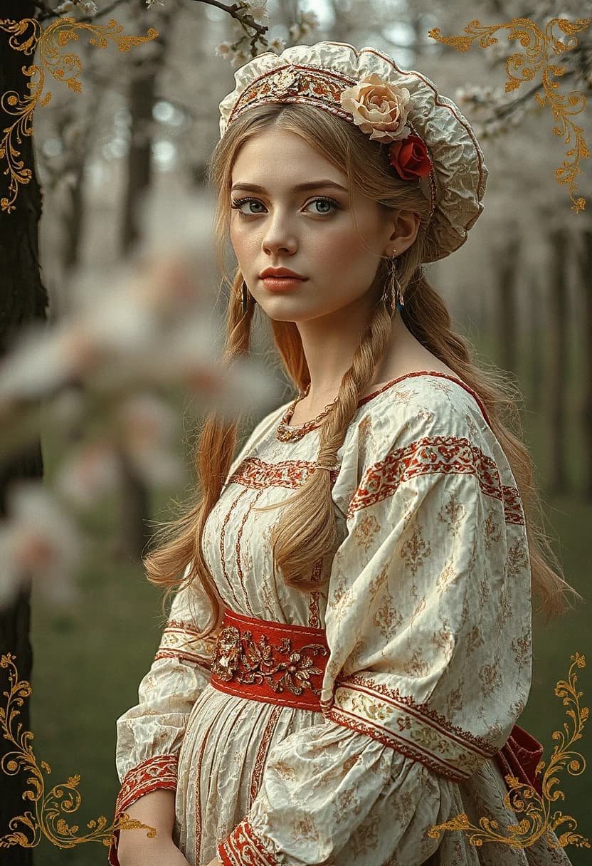 Russian Russians: A detailed portrait of a young woman of Slavic appearance from the 16th century in a traditional long Russian sundress and a traditional Russian cocoanut headdress, with blonde hair against the background of a spring blooming forest, in full growth. In the Glitter style: magical realism, natural symphony, shapes dissolve into color, lines flow like water, translucent layers with a watercolor texture, intricate ornaments at the corners of the composition.
High quality, 4k, octane, cinematic lighting, dramatic composition, eyes with increased detail, delicate skin texture, professional photography, depth of field, Leica camera, artstation trends, spectacular lighting, mystical atmosphere, detailed textures, volumetric lighting, works by Viktor Vasnetsov and Ivan Bilibin, gouache painting style, style Russian fairy tales, photorealism. An atmosphere of joy and serenity.