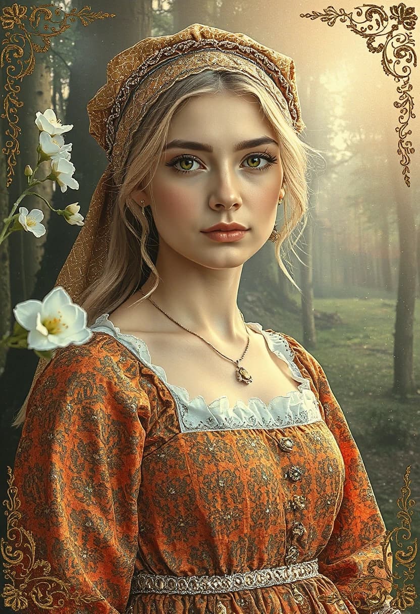 Russian Russians: A detailed portrait of a young woman of Slavic appearance from the 16th century in a traditional long Russian sundress and a traditional Russian cocoanut headdress, with blonde hair against the background of a spring blooming forest, in full growth. In the Glitter style: magical realism, natural symphony, shapes dissolve into color, lines flow like water, translucent layers with a watercolor texture, intricate ornaments at the corners of the composition.
High quality, 4k, octane, cinematic lighting, dramatic composition, eyes with increased detail, delicate skin texture, professional photography, depth of field, Leica camera, artstation trends, spectacular lighting, mystical atmosphere, detailed textures, volumetric lighting, works by Viktor Vasnetsov and Ivan Bilibin, gouache painting style, style Russian fairy tales, photorealism. An atmosphere of joy and serenity.
