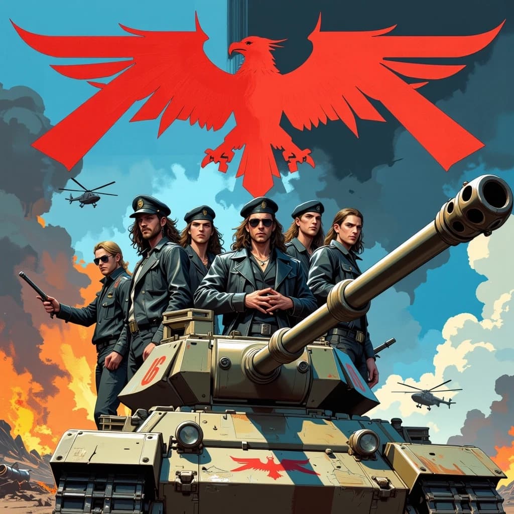 A masterpiece, in the style of the 1980s, with bold lines, dynamic strokes and rich textures, on background with a touch of nostalgia, perhaps with subtle drawings inspired by cellulose and vintage, worn textures similar to paper,oil painting, Hyper-realistic cinematic heavy metal album cover: low-angle wide-angle perspective centered on a battle-worn tank turret with an oversized barrel aimed toward the viewer, five hardened band members posed on the tank wearing black leather jackets, studded gear, military berets and aviator sunglasses, stern weathered expressions, scars and chains; apocalyptic battlefield background with burning wreckage, billowing smoke, flying helicopters and distant explosions, embers and sparks in the air; dramatic rim and volumetric lighting, deep shadows, warm orange fire glow contrasting with cold steel blues, high contrast filmic color grading, heavy film grain and grit, ultra-detailed textures on metal, chipped paint, rust, oil stains and rivets, embossed eagle insignia and stenciled numbers on the tank, distressed bold red band logo across the top and bold red block lettering with stencil-style subtitle beneath, symmetrical poster composition, epic, gritty, cinematic, ultra-detailed 4k. celshading, simple background