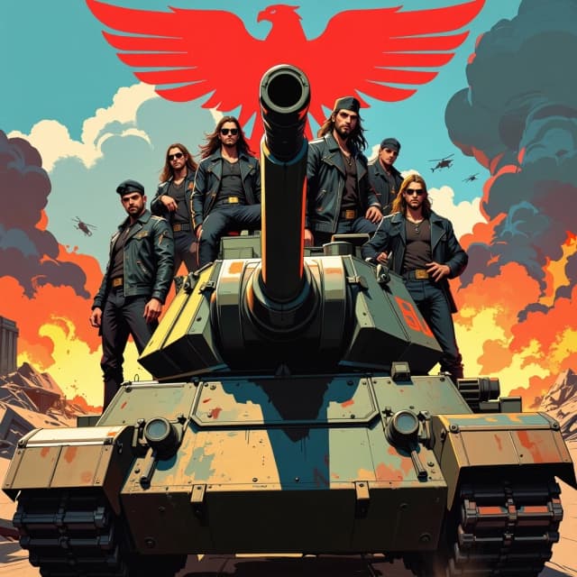 A masterpiece, in the style of the 1980s, with bold lines, dynamic strokes and rich textures, on background with a touch of nostalgia, perhaps with subtle drawings inspired by cellulose and vintage, worn textures similar to paper,oil painting, Hyper-realistic cinematic heavy metal album cover: low-angle wide-angle perspective centered on a battle-worn tank turret with an oversized barrel aimed toward the viewer, five hardened band members posed on the tank wearing black leather jackets, studded gear, military berets and aviator sunglasses, stern weathered expressions, scars and chains; apocalyptic battlefield background with burning wreckage, billowing smoke, flying helicopters and distant explosions, embers and sparks in the air; dramatic rim and volumetric lighting, deep shadows, warm orange fire glow contrasting with cold steel blues, high contrast filmic color grading, heavy film grain and grit, ultra-detailed textures on metal, chipped paint, rust, oil stains and rivets, embossed eagle insignia and stenciled numbers on the tank, distressed bold red band logo across the top and bold red block lettering with stencil-style subtitle beneath, symmetrical poster composition, epic, gritty, cinematic, ultra-detailed 4k. celshading, simple background