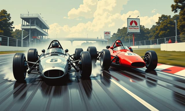 A masterpiece, in the style of the 1980s, with bold lines, dynamic strokes and rich textures, on background with a touch of nostalgia, perhaps with subtle drawings inspired by cellulose and vintage, worn textures similar to paper,oil painting, Cinematic, high-speed motorsport scene of two open-wheel formula race cars running side-by-side on a European-style racetrack: left car metallic silver with black accents, right car bright racing red; both low-slung, aerodynamic pods with exposed slick tires, generating subtle tire spray on damp asphalt. Low camera angle at track level, slightly behind and between the cars to emphasize speed and proximity, wide lens perspective, slight motion blur on wheels and background while keeping car bodies sharp. Visible white-and-red kerb on the right, faint skid marks, distant grandstands and trees under overcast sky, retro billboard signage along the straight for atmosphere. Moody, desaturated background with punchy highlights on reflective paint, realistic wet-surface reflections, soft volumetric mist and tire smoke, dramatic filmic color grading, high contrast, shallow depth of field, crisp texture detail on tires and suspension, dynamic composition conveying intense racing tension. celshading, simple background
