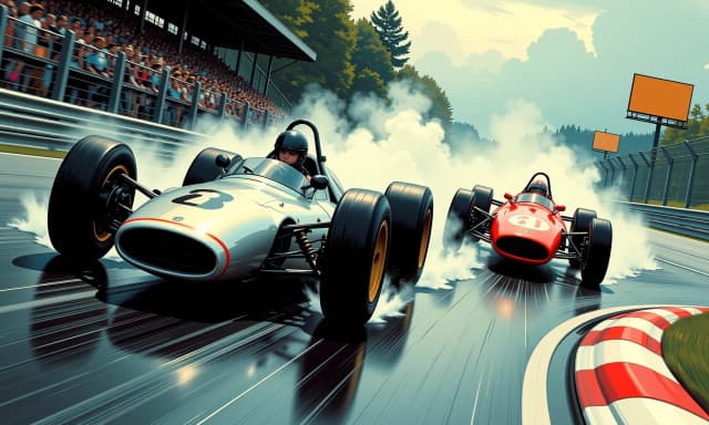 A masterpiece, in the style of the 1980s, with bold lines, dynamic strokes and rich textures, on background with a touch of nostalgia, perhaps with subtle drawings inspired by cellulose and vintage, worn textures similar to paper,oil painting, Cinematic, high-speed motorsport scene of two open-wheel formula race cars running side-by-side on a European-style racetrack: left car metallic silver with black accents, right car bright racing red; both low-slung, aerodynamic pods with exposed slick tires, generating subtle tire spray on damp asphalt. Low camera angle at track level, slightly behind and between the cars to emphasize speed and proximity, wide lens perspective, slight motion blur on wheels and background while keeping car bodies sharp. Visible white-and-red kerb on the right, faint skid marks, distant grandstands and trees under overcast sky, retro billboard signage along the straight for atmosphere. Moody, desaturated background with punchy highlights on reflective paint, realistic wet-surface reflections, soft volumetric mist and tire smoke, dramatic filmic color grading, high contrast, shallow depth of field, crisp texture detail on tires and suspension, dynamic composition conveying intense racing tension. celshading, simple background