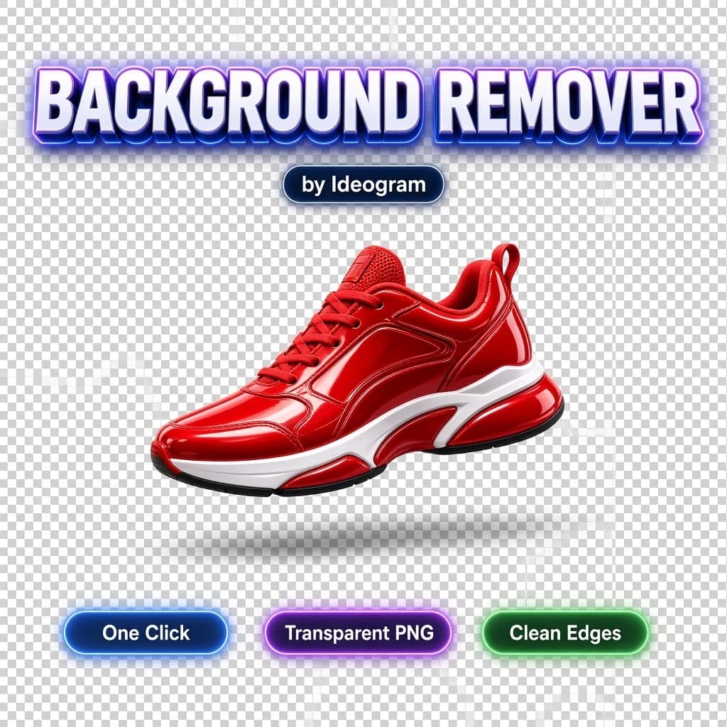 Flat 2D square graphic design cover, background fills the whole frame edge to edge, no frame, no border, no mockup. Bold glowing modern 3D typography text "BACKGROUND REMOVER" appears exactly once centered near the top, crisp and perfectly legible; a small clean pill tag "by Ideogram" directly beneath the title. A glossy red sneaker cleanly cut out and floating in the center, razor-sharp cutout edges with a soft drop shadow. The whole scene sits on a perfectly even, uniform, neatly aligned grey-and-white transparency checkerboard pattern with straight, equal, regular squares. A single clean row of small glowing rounded feature badges near the bottom with short legible labels: "One Click", "Transparent PNG", "Clean Edges". perfectly legible text, clean flagship poster quality, no extra labels.