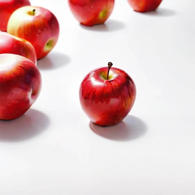 a red apple on a white table