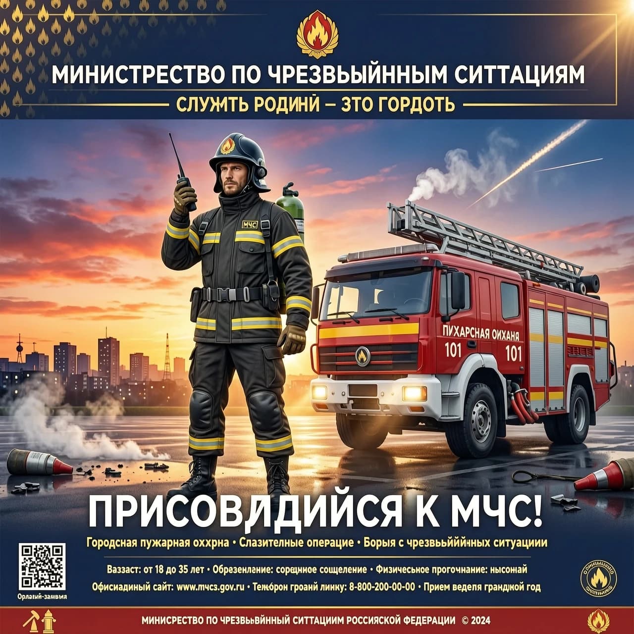 «Нарисуй постер для набора в МЧС: пожарный в полной экипировке стоит у пожарной машины, держит рацию, на фоне рассвет над городом. Цвета тёплые, стиль реалистичный, атмосфера вдохновляющая».