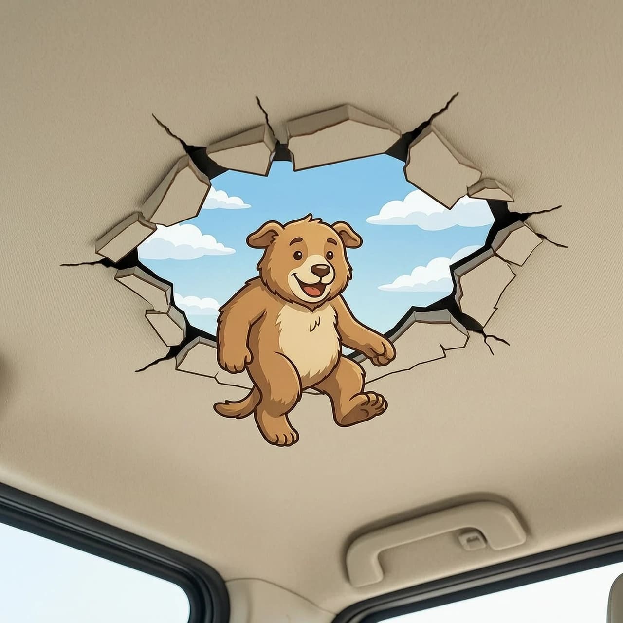 сгенерируй 3д наклейку на светлый потолок автомобиля. где видно разорваный потолок и видно как сквозь дыру лезет доброе существо. За ним видно небо. наклейка должна быть размером с формат А4, для светлого потолка