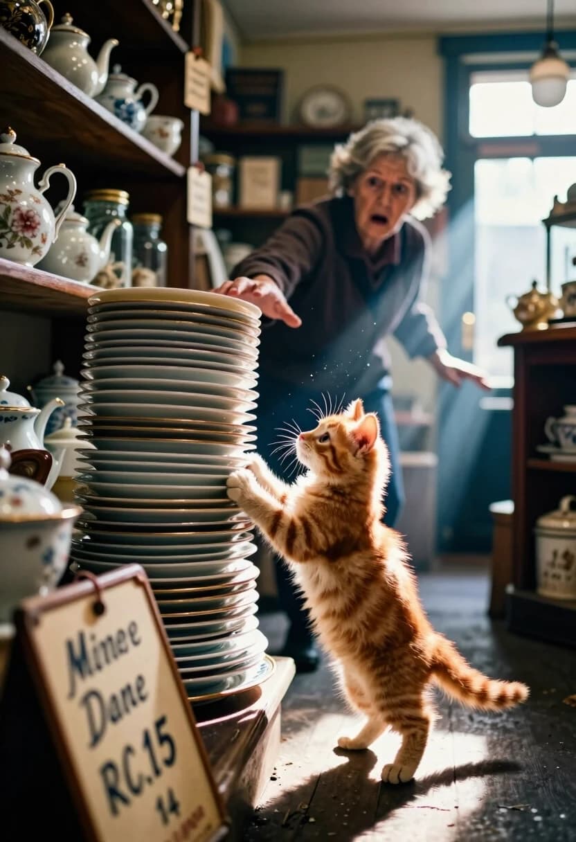 Photorealistic, 8K, cinematic. A small vintage shop with a worn wooden sign and handwritten price tags. The shelves are crammed with old teapots, glass jars, and antique books. In the foreground, a tiny fluffy ginger kitten is standing on its hind legs, trying to “help” the shopkeeper by pushing a tall stack of porcelain plates. The plates are wobbling dangerously — one is already tilting, and the kitten’s eyes are wide with a mix of concentration and panic.
The camera angle is a low, slightly tilted Dutch angle, looking up at the kitten and the towering stack, which creates a sense of imminent disaster and dramatic scale. Behind the counter, the shopkeeper (a kind-faced older woman) has frozen mid-step, her hand outstretched, face caught in a split second of horror and affection.
Lighting: a single beam of warm afternoon sun streams through a dusty window, creating volumetric light rays and sharp chiaroscuro. The sunlit dust motes float in the air, and the kitten’s fur is backlit, making it a glowing silhouette with visible individual strands. Deep indigo shadows fill the corners of the shop.
Depth: shallow depth of field (f/1.4) — the kitten and the wobbling plates are razor-sharp, while the background shelves softly blur into bokeh. Heavy atmospheric haze separates the planes. Textures: detailed grain of the wood, the glaze on the porcelain, the soft fluff of the kitten’s fur.