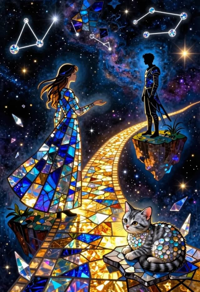 Surreal cosmic stained glass mosaic, where every object is made of iridescent crystal fragments and colored glass. A vast celestial bridge of glowing tesserae stretches across the night sky, connecting two distant floating islands. On one island, a young woman stands by the edge, her hand outstretched toward the bridge. On the other island, a young man looks at her, his face in a half-profile of quiet resignation. They are separated by a chasm of dark space, where stars drift like falling glass shards.
The woman’s gown and the man’s armor are rendered as delicate mosaics of deep blue, indigo, and silver glass shards; their outlines are defined by bright rim light, making them sharp silhouettes against the starry void. The bridge itself is a cascade of golden and amber tesserae that glow from within, as if lit by captured starlight.
In the foreground, a tiny grey tabby kitten is curled up on a piece of broken mosaic stone, watching the couple with wide, melancholic eyes. The kitten’s fur is a mosaic of opalescent and pearl-white glass fragments, catching the light in a soft halo.
Above them, constellations and celestial maps are etched into the sky as glowing blue and violet glass tesserae with sparkling diamond-like highlights. Tiny glowing motes drift like stardust, and prismatic reflections shimmer on every surface.
Color palette: deep space blues and purples contrasted with warm golds, ambers, and silvers; iridescent highlights everywhere. Mood: cosmic distance, quiet acceptance, love that survives even when it cannot touch.
Technical: luminous stained glass mosaic style, iridescent crystal shards, prismatic light reflections, ethereal glow, intricate glass tesserae, volumetric lighting, strong chiaroscuro, hard silhouette edges, glowing celestial motifs, floating stardust particles with bloom, atmospheric haze, fast light drop-off, subsurface scattering for translucent fragments.
