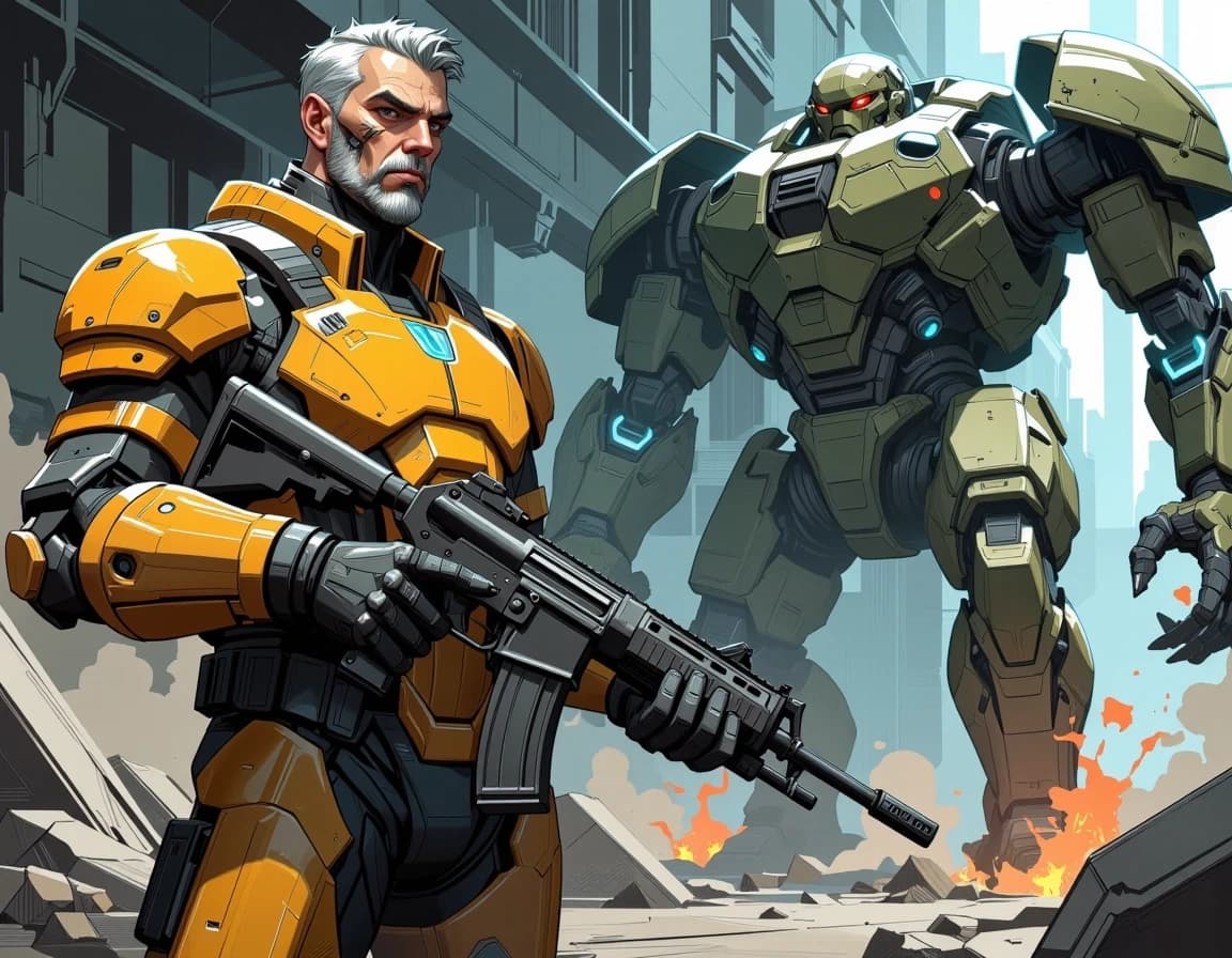 A masterpiece, in the style of the 1980s, with bold lines, dynamic strokes and rich textures, on background with a touch of nostalgia, perhaps with subtle drawings inspired by cellulose and vintage, worn textures similar to paper, A gritty cinematic sci‑fi scene: an older battle‑scarred soldier in heavy, worn power armor stands in the foreground holding a bulky futuristic rifle, short gray hair, deep scar across his cheek, barcode markings stamped on his chest and thigh armor, armor showing chipped paint, rust and battle scratches; behind him to the right a camo‑painted combat mech collapses with smoking armor, exposed wiring and blue electrical arcs leaping between joints, sparks and small fires, dust and debris in the air inside a ruined industrial warehouse with shattered windows and dramatic shafts of volumetric light. Hyperrealistic, high‑detail concept art, photoreal textures, cinematic lighting with cool desaturated grays and contrasting warm orange highlights, shallow depth of field, sharp focus on the soldier’s face and weapon, rim lighting, atmospheric smoke, motion blur on falling debris, subtle film grain and chromatic aberration, dramatic composition, 3:2 aspect, ultra‑detailed 8k quality. celshading, simple background