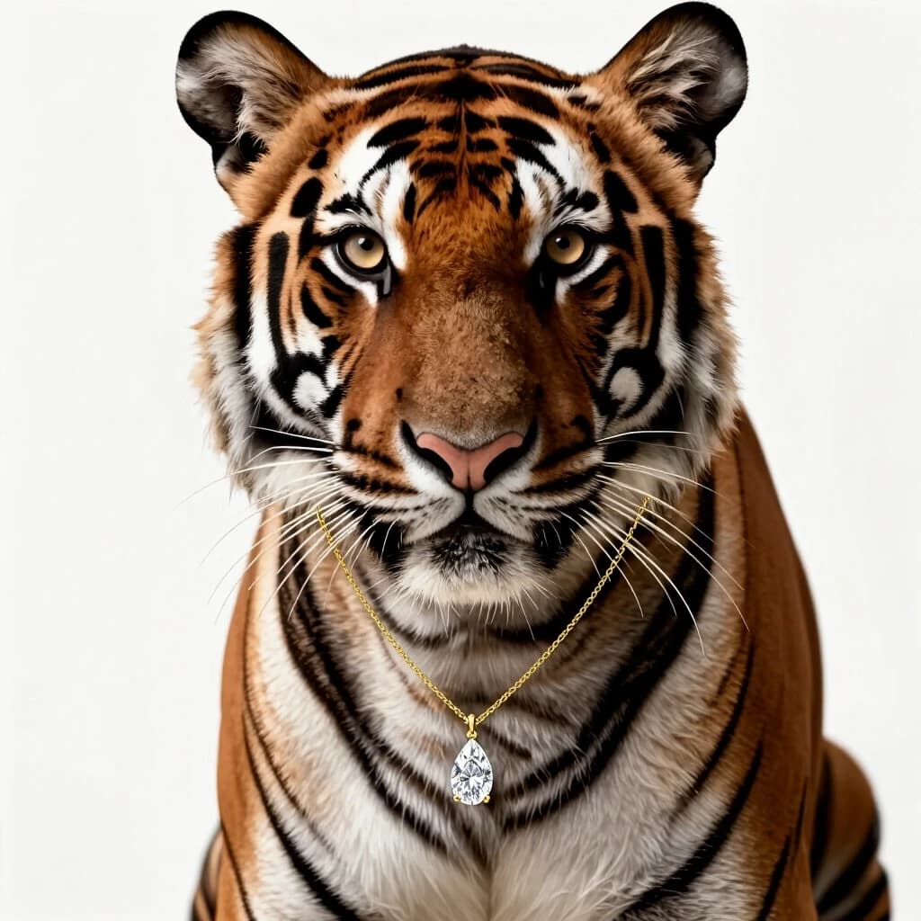 A masterpiece professional commercial wildlife photography of an elegant female tiger animal, gentle feminine features, beautiful sand-honey eyes. Medium shot portrait, step back from the camera to show her upper body. She wears an exquisite ultra-thin delicate gold link chain, partially hidden and entwined in her neck fur. A realistic tiny minimal 1-carat oval-cut sparkling diamond teardrop pendant hangs gracefully in a clean invisible gold setting. Solid seamless pristine white studio background. Soft warm elegant lighting, natural shadows under the jewelry, high contrast, crisp facets, photorealistic.