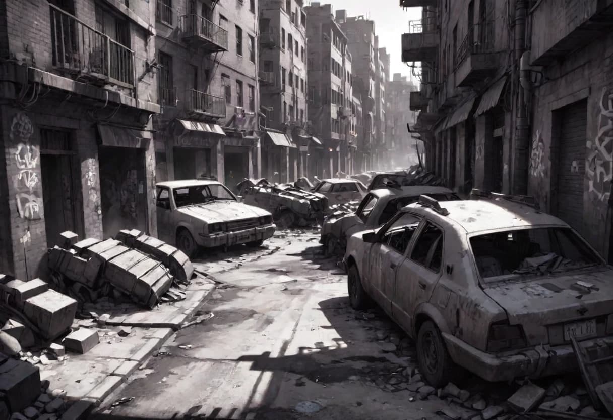 A grimdark cyberpunk slum, neo-noir, monochrome, gritty texture, high contrast chiaroscuro lighting, in the style of a Warhammer 40k animatic or motion comic. A desolate street filled with the wreckage of burnt-out, flipped cars. Makeshift barricades of scrap metal and rubble block the path. Detailed, angry graffiti tags cover brick walls. A gang of thugs in hoodies and gas masks, wielding lead pipes, clubs, and makeshift weapons, lurk in the shadows. Rain pouring down, soaking the street, forming shimmering puddles. Wide cinematic composition, the street is wide and extends far into the distance, flanked by decaying high-rise buildings. Dark, heavy sky with storm clouds. Apocalyptic, oppressive atmosphere, digital painting, sharp lines, dark fantasy.