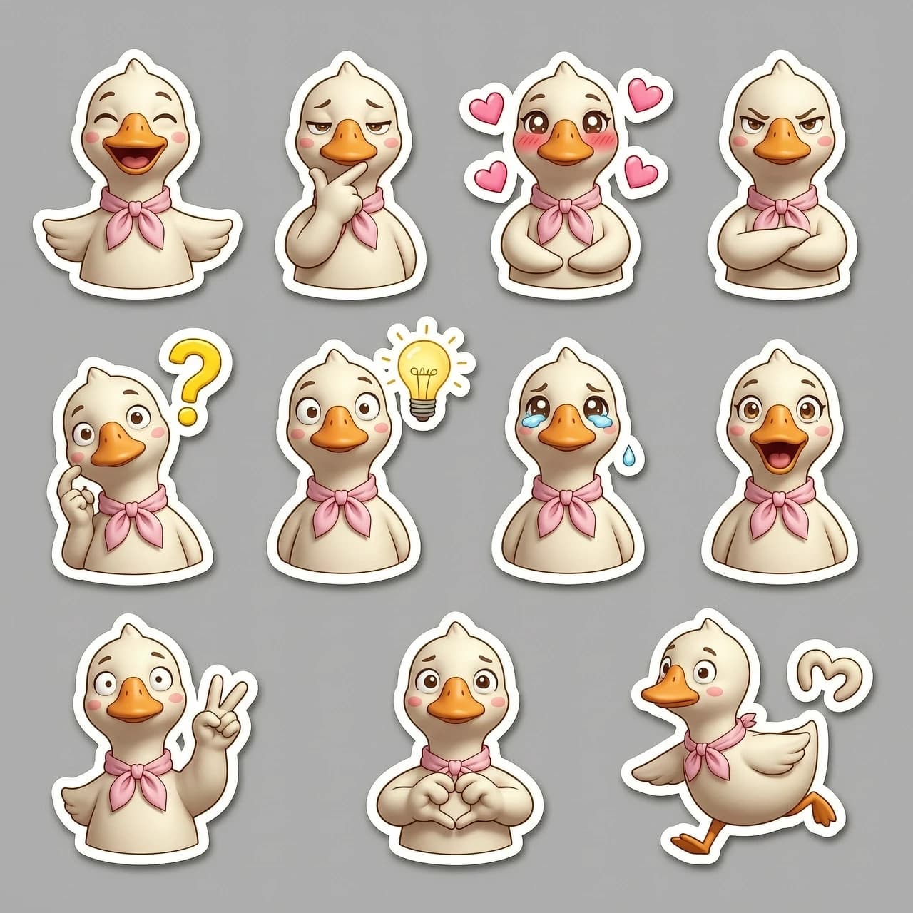 Sticker pack sheet of a cute goose character, 3D cartoon style, high-quality render, C4D, Octane Render. The character has a rose handkerchief. The set includes multiple individual stickers with a consistent character design, each featuring a thin white die-cut border, isolated on a plain neutral grey background.
The sticker set includes the following diverse expressions and poses, where facial emotions perfectly match the gestures:
1. Joyful laughter with eyes closed and a wide smile.
2. Deep thoughtfulness with a hand on her chin and a squinted gaze.
3. Love-struck with blushing cheeks, sparkling eyes, and floating pink hearts around her.
4. Angry with furrowed brows, a pout, and crossed arms.
5. Confused with a tilted head and a bright yellow question mark above her head.
6. Inspired with a "Eureka!" moment, eyes wide, and a glowing yellow lightbulb floating nearby.
7. Sadness with teary eyes and a small teardrop falling.
8. Extreme surprise with wide eyes and an open mouth.
9. Peace sign with a cheerful smile and a "V" gesture with her fingers.
10. Making a heart shape with her hands, looking sweet and affectionate.
11. Running away in panic, looking back with a worried