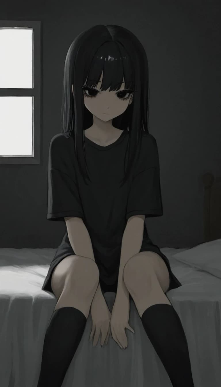 темная комната с окном. милая anime moe девушка. черные волосы средней длины. черные глаза. черные ресницы. черная длинная футболка черные чулки носки. низкорослая с плоской фигурой