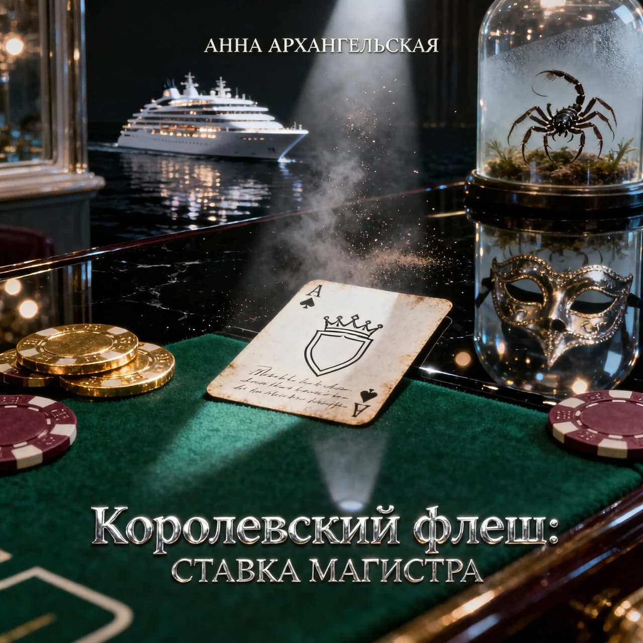 Premium A5 book cover for a detective thriller, vertical orientation. Cinematic realism, hyper-detailed photorealism.
Composition: A macro close-up shot of a professional poker table covered in deep emerald-green felt. In the center, a single, slightly worn playing card—a "White King" without a suit, featuring a minimalist crown contour and an empty shield. The card is textured, with faint, handwritten script visible through the paper as light bleeds through it. Beside the card lie two or three high-end casino chips and a sharp, thin crack of light cutting through the darkness, like a focused spotlight.
In the polished, dark reflection of the table's surface, there is a ghostly, sophisticated зеркальная мужская masquerade mask and the blurred, bokeh lights of Monte Carlo. In the upper corner, subtly out of focus behind frosted glass, a small, elegant terrarium reveals the faint, non-grotesque silhouette of a scorpion. In the far distance, visible through a window, a magnificent, glowing modern cruise liner glides on the dark sea.
Atmosphere: Cold luxury, intellectual tension, and an impending sense of threat. A light haze hangs in the air with microscopic dust particles dancing in a single dramatic light beam.
Color Palette: Deep obsidian black, rich emerald green, polished gold, subtle blood-burgundy accents, and sharp silver highlights.
Typography (Russian language only):
Top: "АННА АРХАНГЕЛЬСКАЯ"
Королевский флеш:
СТАВКА МАГИСТРА