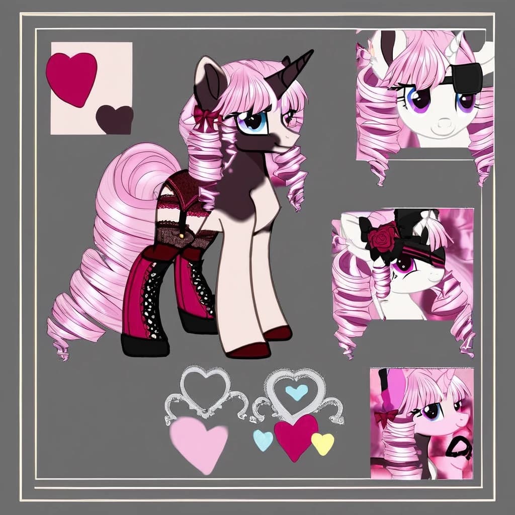 character reference sheet, rating: safe, my little pony, pony, unicorn, one horn, ivory body, soft pink two-color drill curls mane and tail, eyepatch, bows, lace, boots, thigh highs, garterbelt, soft pink gothic aesthetic