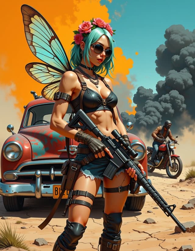 A masterpiece, in the style of the 1980s, with bold lines, dynamic strokes and rich textures, on background with a touch of nostalgia, perhaps with subtle drawings inspired by cellulose and vintage, worn textures similar to paper, oil painting, A stunning hyper-realistic photorealistic airbrush art piece in the style of Mad Max: Fury Road. A fierce post-apocalyptic fairy warrior with iridescent tattered dragonfly wings, she's holding an assault rifle, standing in front of a heavily rusted, customized vintage 1950s rat-rod car. She has mint-green hair, wears steampunk goggles, a withered flower crown, and tactical leather gear, holding a weathered black assault rifle. In the background, another fairy sits on the car's roof, and a masked raider on a rusty motorcycle speeds through the desert, kicking up thick clouds of dust and black smoke. Arid wasteland setting with cracked earth and distant mountains. High-gloss cinematic finish, dramatic orange and teal color grading, ultra-fine textures of rust and skin, 8k resolution, photorealistic, intricate details. simple background celshading,