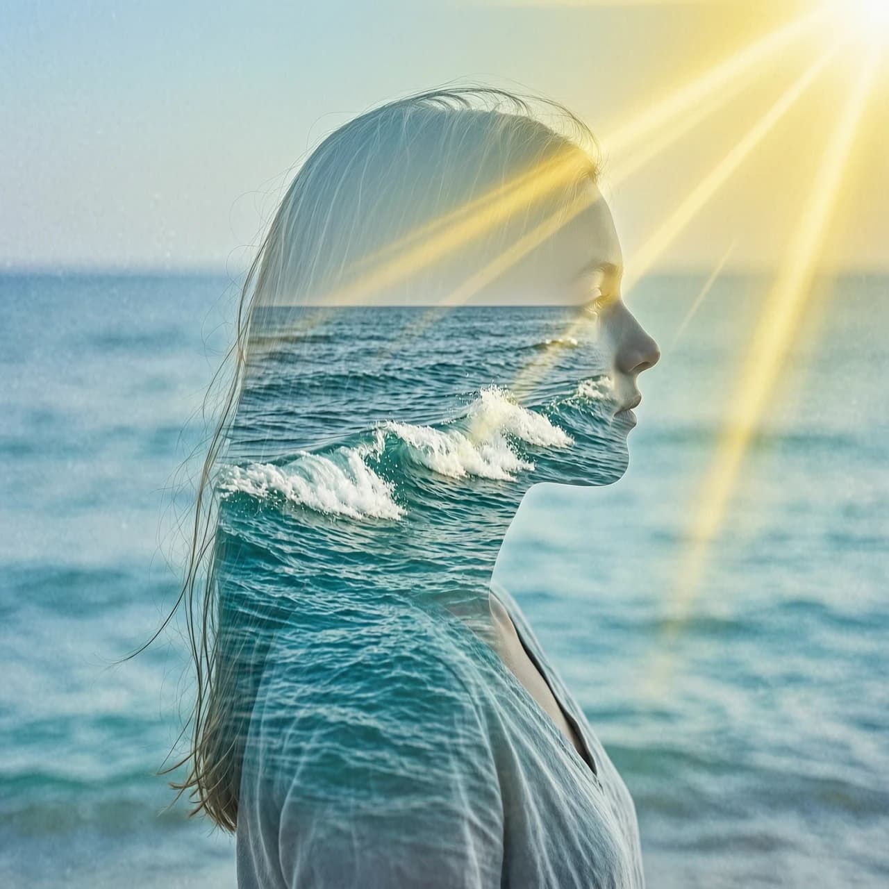 (Double exposure: 1,9). Abstract background (soft colors, marine theme). Seascape (waves, clear water, splashes) inside transparent silhouette of girl's profile. Dissolving colours. Dissolution of textures. Interpenetration of layers and textures. Stylistics: surrealism, realism. Based exclusively on cool colors + yellow sun rays