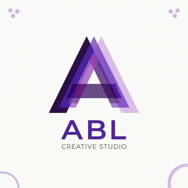 Logo design for a creative studio named ABL. The letter A consists of 4 semi-transparent layers slightly offset from each other to create a parallax-like depth effect. Use shades of purple: from deep violet to light lavender. White background, flat vector style. Clean, modern, and easily animatable