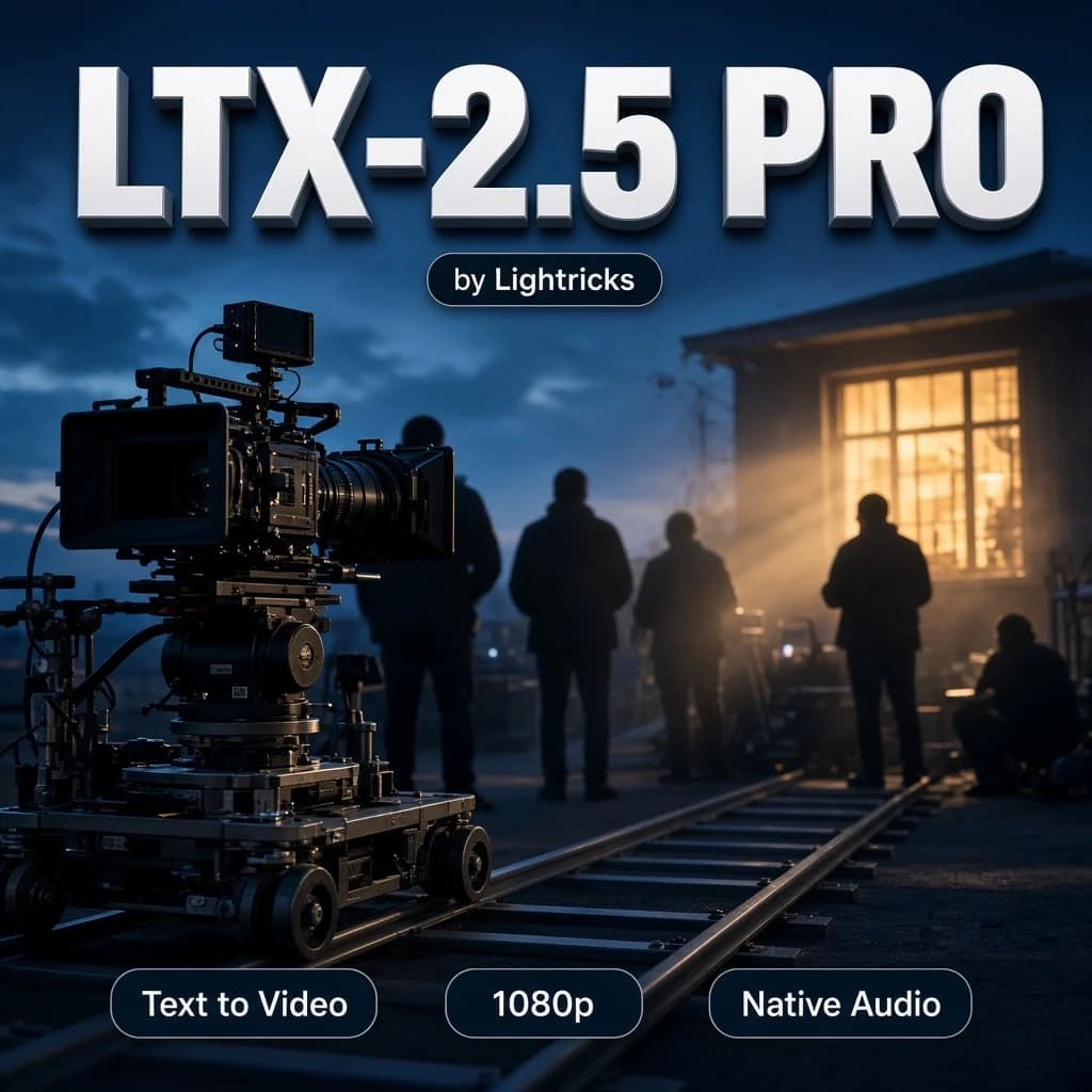 Flat 2D square graphic design cover, the photograph fills the frame edge-to-edge, no frame, no border, no mockup. Bold clean modern 3D typography reading "LTX-2.5 PRO" across the top, crisp and perfectly legible, EXACTLY ONE line, appears only once, with a small clean tag "by Lightricks" directly beneath it. Along the bottom edge one row of small rounded badges labelled "Text to Video", "1080p", "Native Audio". Nothing else is written anywhere. Background hero: a highly detailed real-life photograph of a film set at blue hour: a cinema camera on a dolly track, crew silhouettes, a lit practical window in the background, haze in the light beams, shot on an 85mm lens, production-still finish.