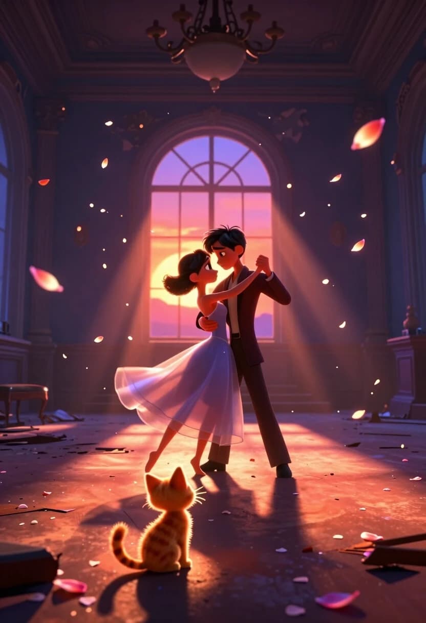 Cinematic 3D animation, Pixar style, 8K, Octane render. A grand, abandoned ballroom with high ceilings and broken chandeliers. In the center of the room, a young couple is dancing their last dance. The woman’s dress is flowing and translucent, catching the light. The man holds her gently, his face close to hers, but there’s a sadness in his eyes — this is their final moment together.
Around them, thousands of glowing flower petals are falling from the ceiling, creating a cascade of light and color. The petals are translucent and luminous, each one catching the light and casting tiny shadows. The light in the room is coming from a single, large window — the sun is setting, and the rays are cutting through the dust and petals, creating dramatic beams.
In the foreground, a tiny orange tabby kitten is sitting on a broken piece of the floor, watching the couple dance. The kitten’s eyes are wide and curious, as if it’s trying to understand the sadness in the air. The kitten is backlit by the sunset, creating a glowing silhouette with visible fur strands.
Background: the ballroom is vast and empty, with broken furniture and peeling wallpaper. The window is huge, and the sunset is visible through it — the sky is a mix of deep orange, pink, and purple. The horizon is hazy, and distant mountains fade into the mist.
Color palette: deep purples, blues, and greys contrasted with warm oranges, pinks, and golds. The sunset is intense and vibrant, while the ballroom is darker and more subdued.
Technical: volumetric lighting with light beams cutting through the dust and petals. Strong chiaroscuro with hard shadows and bright rim light. Subsurface scattering on the woman’s dress and the petals to make them look translucent. Motion blur on the falling petals and the couple’s movement. Sharp focus on the kitten and the couple, soft bokeh on the background. Heavy atmospheric haze to separate the planes.
