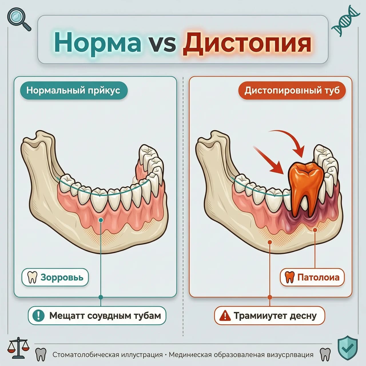 Схема «Норма vs Дистопия»:
Два изображения челюсти рядом: слева — правильный прикус, справа — дистопированный зуб (выделен цветом).
Подписи: «Мешает соседним зубам», «Травмирует десну»