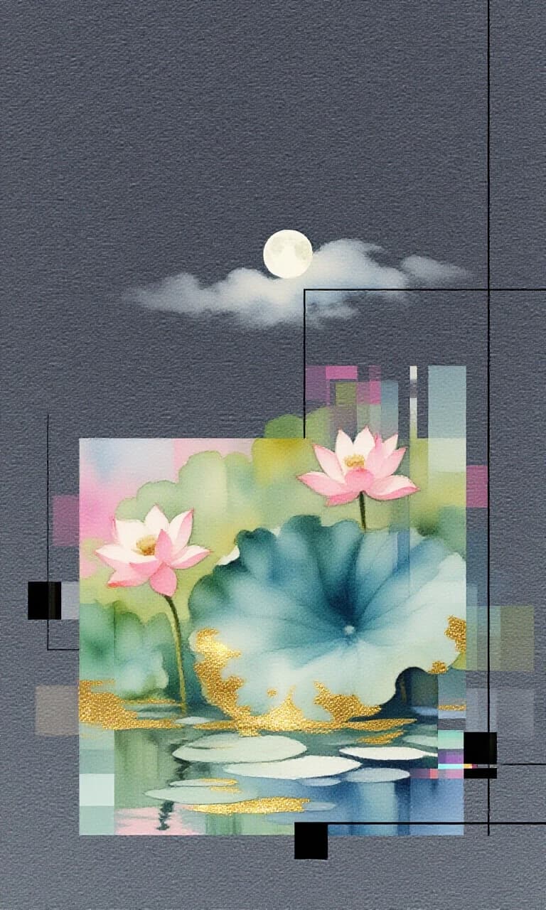 A watercolor painting on a deep gray background with a gradient. Impressionism. Visible texture of the canvas or textured watercolor paper. Glitch art: a digitally rendered lush, vibrant lotus on the water surface, a lotus leaf. At the top — a full moon among clouds. Vertical decorative composition. Everything consists of squares, with digital glitching and distorted visual effects. Pastel, powdery shades. Deep shadows. Black lines drawn with a pencil or charcoal to emphasize the main elements. Watercolor effects. Accents made of gold leaf, bright and shiny, highlighting important elements.