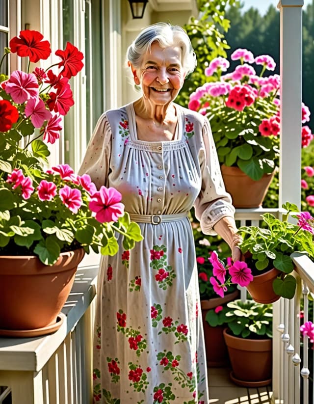 An elderly woman in a light summer house dress lovingly waters her favorite flowers on a sun-drenched balcony. She smiles gently while looking at lush geraniums and bright petunias. The balcony has been transformed into a tiny garden filled with hanging planters, woven baskets, ceramic pots, green leaves and abundant flowers. Warm sunlight illuminates her silver hair, while water droplets sparkle on the petals. A small wooden chair and an old-fashioned watering can stand nearby. Heartwarming scene about love for home, flowers and life. Photorealistic, natural emotion, golden sunlight, highly detailed, vertical format.