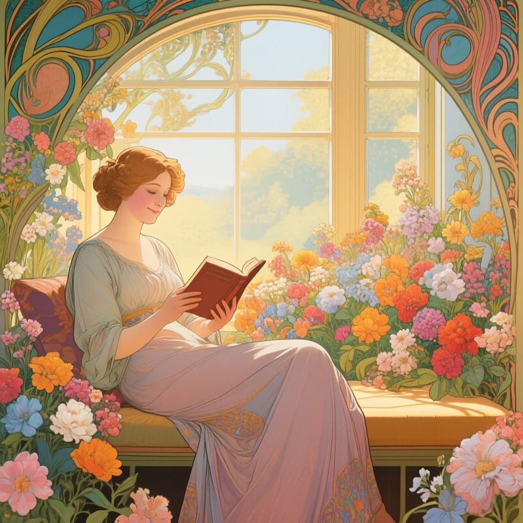 A woman sits in a sun-drenched window seat, surrounded by an abundance of vibrant, blooming flowers. She is reading a book, a gentle smile on her face. The style is reminiscent of Art Nouveau, with flowing lines, organic shapes, and a rich, decorative quality. Think Alphonse Mucha meets a cozy reading nook.