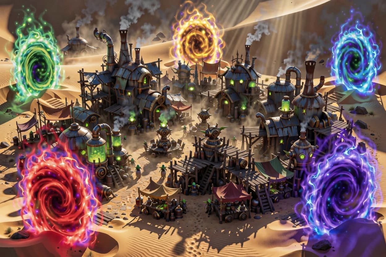 A sprawling, chaotic goblin settlement inspired by Gadgetzan from World of Warcraft, characterized by makeshift scrap-metal architecture, rickety wooden scaffolding, and cluttered steampunk structures built from salvaged junk. The town is a dense labyrinth of smoking chimneys, glowing green chemical vats, and cluttered marketplaces filled with mechanical contraptions. Surrounding the settlement in a wide circle are five massive, swirling magical portals, each emitting a distinct, vibrant color: crimson red, deep violet, electric blue, emerald green, and bright amber, casting intense colored glows onto the desert sands. The scene is set during a bright, high-noon desert sun, but the atmosphere is heavy with tension and an impending sense of doom. Dramatic lighting with sharp, high-contrast shadows and volumetric light rays piercing through the dust and smoke. Cinematic composition, wide-angle shot capturing the scale of the town and the surrounding portals. High-detail digital art style, reminiscent of epic fantasy concept art, with rich textures of rusted metal, weathered wood, and shimmering magical energy.