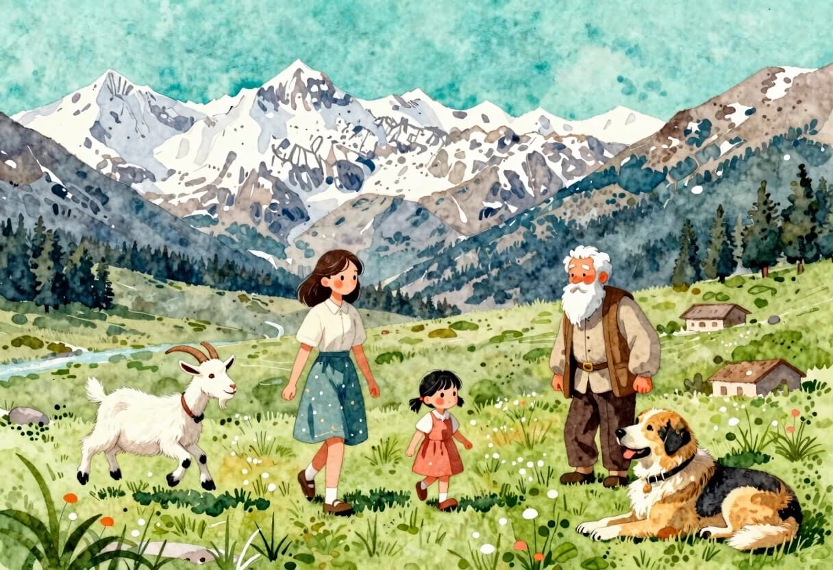 A breathtaking panoramic view of a mountain pasture. A young woman and a small girl with rosy cheeks are walking towards an old man with a long white beard. A playful goat leaps nearby, and a large gentle dog rests on the grass. The background features towering snow-capped peaks and a turquoise sky. Soft watercolor and ink style, pastel tones, dreamy storybook aesthetic, high detail, light and airy.