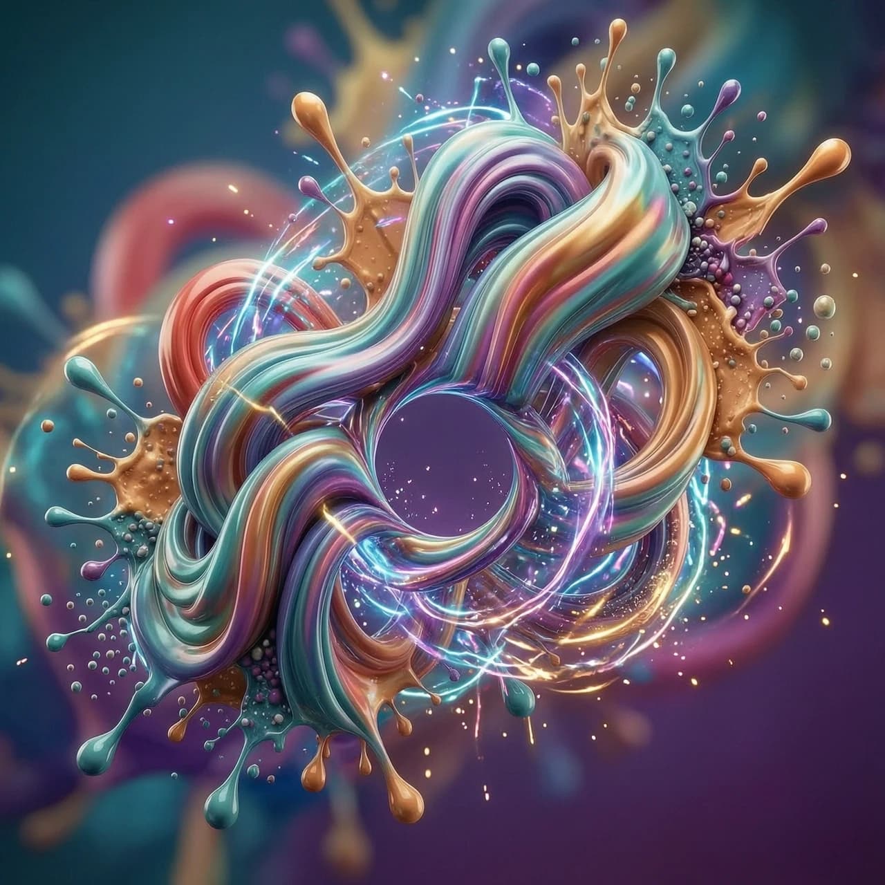 Abstract 3D background for a rhythm game application, dynamic fluid motion, intricate intertwining of vibrant neon silk ribbons and liquid chromatic waves, flowing iridescent textures, swirling multi-colored energy streams, volumetric lighting, depth of field, macro photography style, high-gloss finish, glowing particles and light trails, rhythmic composition, psychedelic color palette with deep blues, hot pinks, and electric violets, cinematic lighting, Octane Render, 8k resolution, hyper-detailed, energetic and uplifting mood, flowing organic shapes, flowing motion blur.
Ну не море же!
Разноцветный!!!
Динамичная абстрактная композиция, представляющая собой переплетенные, текучие ленты густой глянцевой краски, закрученные в сложный узел. Основной объект состоит из объемных, гладких жгутов различных цветов — бирюзового, пурпурного, золотистого и кораллового, которые создают ощущение бесконечного движения и трехмерности. Из центральной фигуры во все стороны разлетаются экспрессивные брызги, капли и кляксы краски, создавая эффект взрыва или застывшего в полете всплеска жидкости. Фон абсолютно чистый, белый и минималистичный, что позволяет полностью сфокусироваться на деталях объекта. Освещение мягкое, студийное, с выраженными бликами на глянцевых поверхностях, подчеркивающими текстуру вязкой субстанции и её обтекаемую форму. Палитра насыщенная и многогранная, сочетающая глубокие сине-зеленые оттенки с теплыми золотыми и розовыми тонами. Художественный стиль напоминает современную 3D-графику высокого разрешения с гиперреалистичной проработкой материалов. Атмосфера произведения наполнена энергией, творческим хаосом и эстетикой чистого визуального наслаждения.
Мне нужен размытый фон, полностью заполненный холст с размытыми и четкими чертами.
Размой передний план еще больше и сделай его на весь холст, добавь разноцветную 3D спираль в центре размером 300 на 300
Не должно быть пустот по краям белого цвета! Спираль без дырки в центре, там я сам добавлю кнопку! Соотношение сторон холста
ширина 6, высота 13