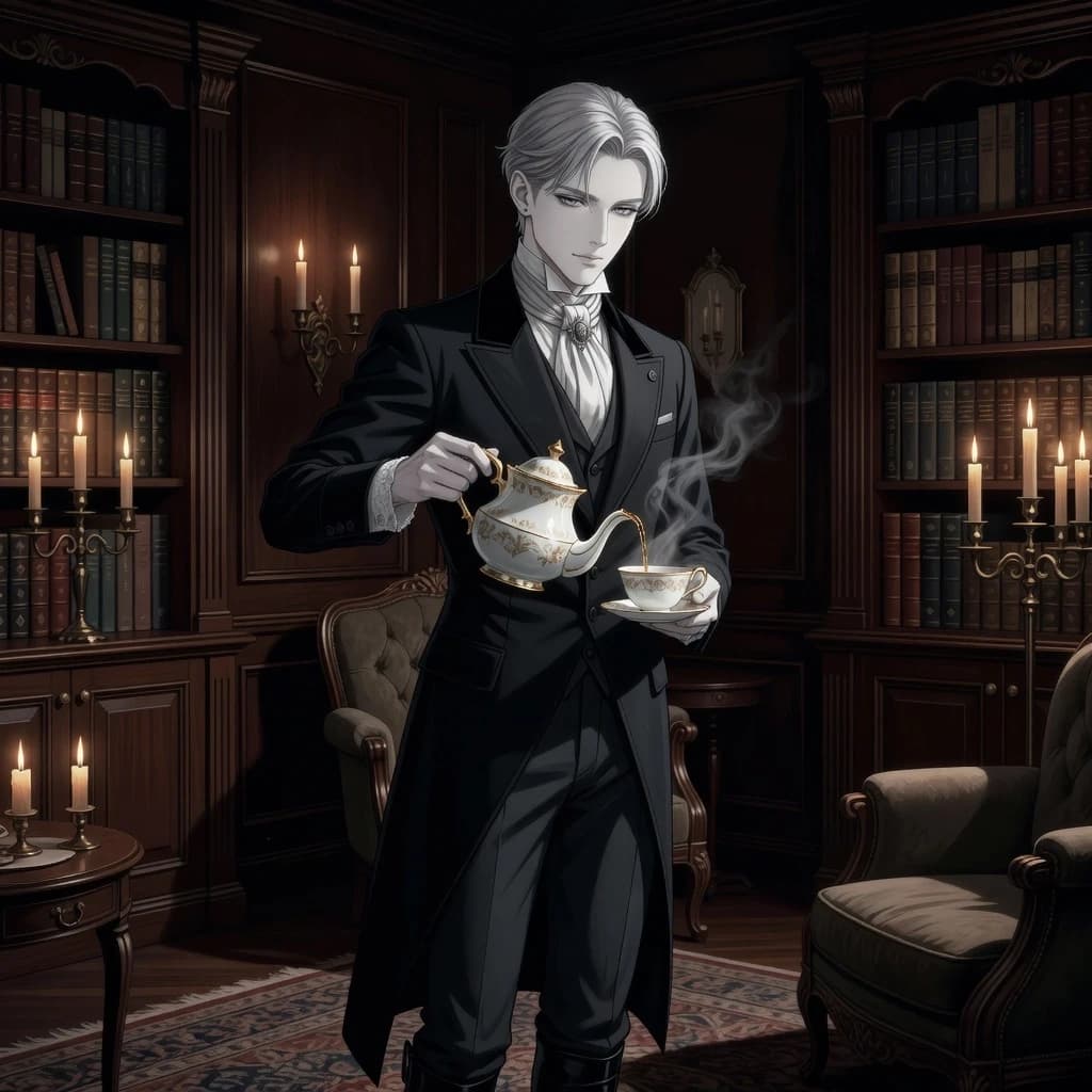 A high-quality anime-style illustration depicting a young man with noticeably ash-pale skin and a refined appearance, dressed in aristocratic Victorian-era attire. His graceful, confident movements are captured at the moment when he pours amber tea from a teapot into a cup. The scene takes place in a dimly lit, luxurious living room in a classic style, with mahogany bookshelves and the warm glow of candlelight. Cinematic lighting with dramatic chiaroscuro, emphasizing the steam rising from the cup and the clear outlines of his face. A gloomy, calm, and aristocratic atmosphere. A masterpiece created using soft gradients in digital painting, clear lines, and high detail in the eyes, inspired by the lighting aesthetics of Makoto Shinkai.
