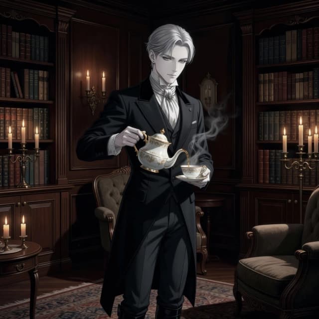 A high-quality anime-style illustration depicting a young man with noticeably ash-pale skin and a refined appearance, dressed in aristocratic Victorian-era attire. His graceful, confident movements are captured at the moment when he pours amber tea from a teapot into a cup. The scene takes place in a dimly lit, luxurious living room in a classic style, with mahogany bookshelves and the warm glow of candlelight. Cinematic lighting with dramatic chiaroscuro, emphasizing the steam rising from the cup and the clear outlines of his face. A gloomy, calm, and aristocratic atmosphere. A masterpiece created using soft gradients in digital painting, clear lines, and high detail in the eyes, inspired by the lighting aesthetics of Makoto Shinkai.
