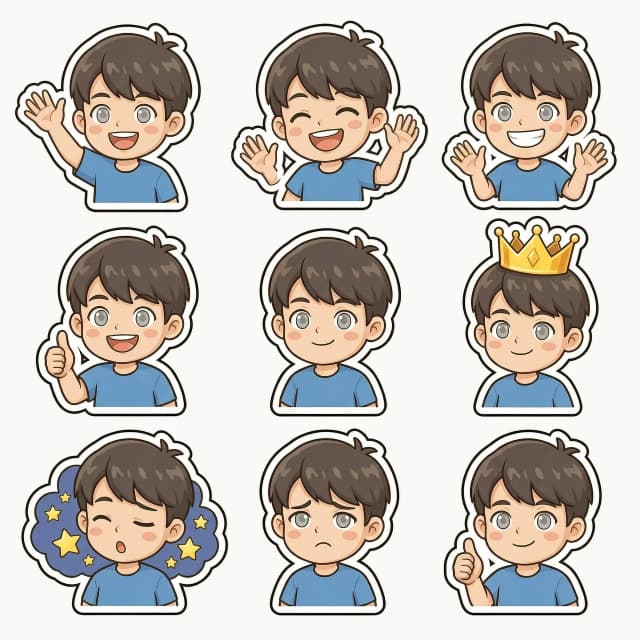 Sticker sheet featuring a 3x3 grid of 9 distinct stickers of the character from the uploaded photo, maintaining absolute facial identity: exact eyes, nose, lips, jawline, hairstyle, age, and body proportions. Visual style: high-quality 2D vector cartoon sticker art, clean lines, polished Telegram sticker aesthetic, vibrant colors, and smooth shading. The character has light gray eyes. Each of the 9 stickers must feature a unique pose, head tilt, hand gesture, and exaggerated facial expression to ensure readability at small sizes. Emotions: 1. Waving hello, 2. Pure joy, 3. Wide smile, 4. Thumbs up, 5. Content/satisfied, 6. Wearing a golden crown, 7. Dreaming with stars, 8. Thinking/pensive, 9. Nodding approval. Technical details: thick white sticker outline around each character, clean cutout silhouette, professional digital illustration, bright and friendly lighting, high contrast. Composition: perfectly organized 3x3 grid, aspect ratio 4:5, no overlapping, no text, no watermarks, no interface elements, no decorative backgrounds, no panels. Background: pure transparent/solid white for easy cutout.