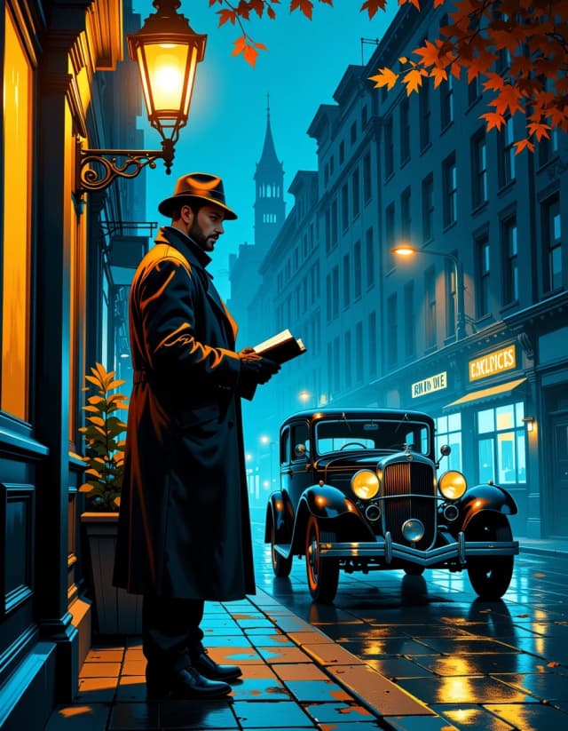 A masterpiece, in the style of the 1980s, with bold lines, dynamic strokes and rich textures, on background with a touch of nostalgia, perhaps with subtle drawings inspired by cellulose and vintage, worn textures similar to paper,oil painting, Photorealistic cinematic film-noir street scene at night: a solitary 1930s detective in a dark fedora and soaked long leather trench coat stands beside a vintage black sedan under a glowing streetlamp in steady rain, holding a small open notebook in gloved hands, stern thoughtful expression, strong jawline and subtle stubble, warm rim light on his face contrasting with cool ambient street lighting; falling autumn leaves swirl and stick to the wet cobblestone sidewalk, glossy reflections of lamps and car chrome in puddles, visible rain streaks and droplets on surfaces. Compose a low-angle three-quarter full-body shot with shallow depth of field and cinematic bokeh, 35mm lens aesthetic, slightly desaturated cool blue color grade with warm amber highlights, high contrast chiaroscuro, gentle film grain, razor-sharp facial detail, soft motion blur on moving leaves and rain, pronounced specular highlights on metal and wet leather, moody mysterious atmosphere, dramatic storytelling, high dynamic range, photoreal detail, 4k composition, cinematic aspect ratio. celshading, simple background