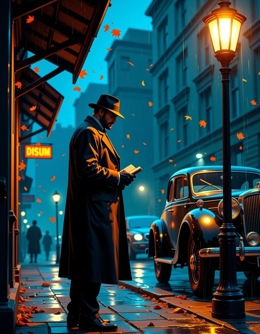 A masterpiece, in the style of the 1980s, with bold lines, dynamic strokes and rich textures, on background with a touch of nostalgia, perhaps with subtle drawings inspired by cellulose and vintage, worn textures similar to paper,oil painting, Photorealistic cinematic film-noir street scene at night: a solitary 1930s detective in a dark fedora and soaked long leather trench coat stands beside a vintage black sedan under a glowing streetlamp in steady rain, holding a small open notebook in gloved hands, stern thoughtful expression, strong jawline and subtle stubble, warm rim light on his face contrasting with cool ambient street lighting; falling autumn leaves swirl and stick to the wet cobblestone sidewalk, glossy reflections of lamps and car chrome in puddles, visible rain streaks and droplets on surfaces. Compose a low-angle three-quarter full-body shot with shallow depth of field and cinematic bokeh, 35mm lens aesthetic, slightly desaturated cool blue color grade with warm amber highlights, high contrast chiaroscuro, gentle film grain, razor-sharp facial detail, soft motion blur on moving leaves and rain, pronounced specular highlights on metal and wet leather, moody mysterious atmosphere, dramatic storytelling, high dynamic range, photoreal detail, 4k composition, cinematic aspect ratio. celshading, simple background