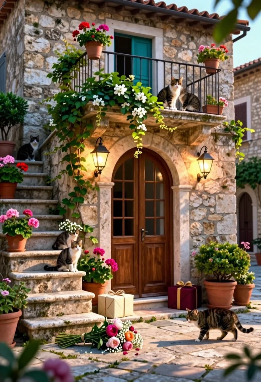 Photorealistic cinematic shot, 8K resolution, hyper-realistic style with a warm Mediterranean atmosphere—a charming stone house rendered with tangible textures and natural lighting.
Composition: a picturesque two-story stone building with a terracotta-tiled roof, centered in a tight medium shot. The facade features weathered beige stone blocks with visible mortar lines, subtle moss patches, and gentle aging. The arched main doorway frames a dark wooden door with a grid of small panes; to the left, a narrow staircase of rough-cut limestone steps leads up to a secondary teal-painted door.
Lush greenery and flowering plants are abundant: climbing vines drape over the balcony railing and archway, spilling cascades of ivy and small white blossoms; terracotta pots hold vibrant geraniums in shades of pink, red, and magenta; smaller planters line the steps and balcony, each with delicate trailing foliage and clusters of blooms. Vintage-style wrought-iron lanterns with warm glowing bulbs hang on either side of the main door, casting soft pools of light on the stone.
Additions for the scene:
Several cats (at least five) in various poses: one sitting regally on the top step, another curled on the balcony railing, a third peeking from behind a potted shrub, a fourth walking across the cobblestones near the door, and a fifth grooming itself beside a planter—each rendered with realistic fur texture, whiskers, and expressive eyes.
Two gift boxes near the main door: one medium-sized rectangular box wrapped in matte cream paper with a simple twine bow, and a smaller square box in deep burgundy with a gold ribbon; both show subtle creases and realistic paper texture.
A loose bouquet of garden flowers lying on the cobblestones just in front of the door: a casual arrangement of peonies, roses, and baby’s breath with slightly drooping stems and scattered petals, suggesting it was recently dropped or placed there.
Lighting: warm golden sunlight from a low afternoon angle, creating long soft shadows, highlighting the stone’s grain, the glossy leaves, and the cats’ fur. Subtle lens flare and a shallow depth of field keep the doorway and immediate foreground sharp while gently blurring the upper balcony and background.
Atmosphere: serene, inviting, and slightly nostalgic—a quiet moment in a sun-drenched courtyard where life unfolds naturally.
Focus: sharp on the door, the gift boxes, the fallen bouquet, and the nearest cat; gradual soft blur toward the upper levels of the house.
Camera settings: 50mm equivalent lens, f/2.8, ISO 400, minimal motion blur, high micro-contrast to emphasize every stone edge, leaf vein, and whisker.
Style: photorealism with a painterly warmth—the textures and lighting feel like a masterful oil painting brought to life, yet every detail remains grounded in physical reality.