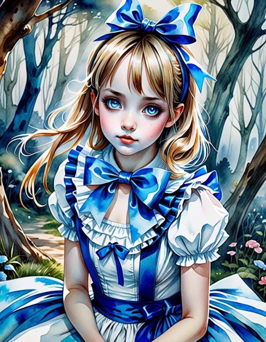 Watercolor painting is a true masterpiece of graphic style. ((Alice, a beautiful girl with a blue ribbon and a bow on her head in wonderland, an atmosphere of mystery and happiness.)). Close-up. High resolution. High quality. Increased attention to small details. Hyperrealistic surrealistic style, fantasy. Increased attention to the smallest details and texture. The author is Russ Mills.