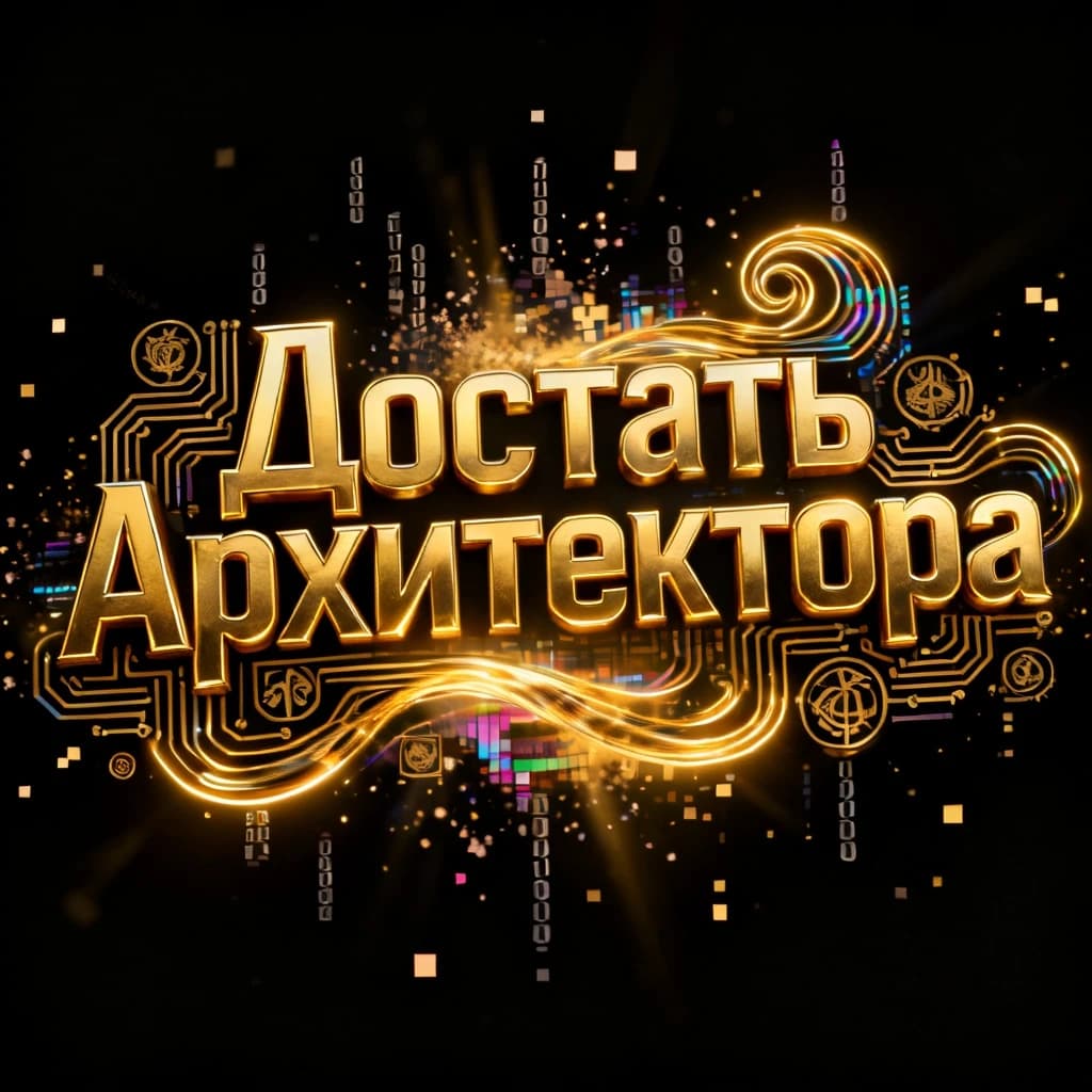 Cinematic glowing golden title text in Russian: "Достать Архитектора" with circuit-board curlicues and holographic glitch effects, sleek metallic gold letters formed from flowing data streams and arcane glyphs, neon-gold glow with digital light bloom and fractal scattering around the text, volumetric 3D typography, black background, subtle floating binary code particles and pixel dust in the air, cyber-fantasy game splash screen title style, epic yet modern, mysterious and hi-tech magical atmosphere, ultra-detailed, high quality, sharp focus, no people, no characters, only text.