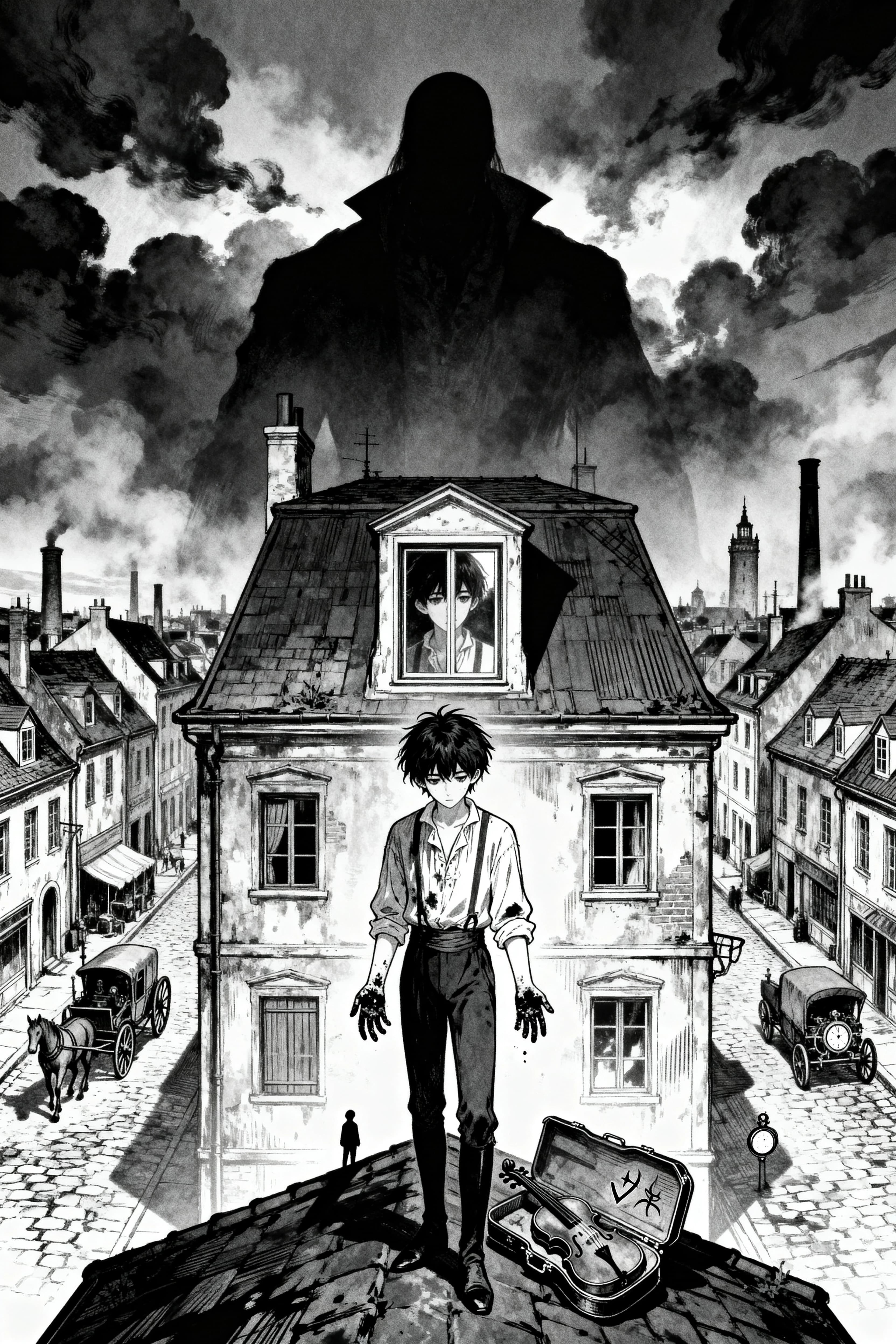 Black and white Japanese manga novel cover, dark supernatural mystery, psychological mystery, seinen manga aesthetic.
A young male protagonist standing alone on the rooftop of an old two-story European-inspired building. Messy dark hair, pale face, tired and confused expression, simple worn clothes inspired by 18th century Europe mixed with early industrial-era fashion.
He is looking down at his own hands, which are covered with dark stains. His expression shows deep confusion, as if he has awakened inside a life that does not belong to him.
The composition is dramatic and cinematic, with the protagonist occupying the lower center of the cover.
Behind him stretches a mysterious old European city filled with narrow stone streets, old houses, horse-drawn carriages, early mechanical vehicles, chimneys and distant towers. The city is drawn with extremely detailed manga backgrounds.
Above the city, enormous dark clouds form the barely recognizable silhouette of a gigantic supernatural figure watching over the city. Its presence remains ambiguous and hidden inside the clouds.
Behind the protagonist is an old rooftop window. In its reflection, the reflection appears subtly different from the protagonist, suggesting another identity or forgotten life.
Near his feet lies an antique violin case, slightly open. Inside is a mysterious violin with an unusual symbol engraved on it.
On a distant rooftop, a tiny mysterious silhouette watches the protagonist from the shadows.
Use dramatic manga ink work, black ink, white negative space, cross-hatching, screentone shading, detailed line art, expressive eyes, cinematic perspective, atmospheric fog, deep shadows, intricate architecture, visual storytelling, psychological tension, subtle supernatural elements, hidden clues, symbolic composition, seinen manga, dark mystery manga, premium Japanese manga cover illustration.
Strong contrast between black and white, dramatic lighting represented through ink and screentone, elegant composition, mysterious atmosphere.
Pure black and white manga artwork, no color, no text, no logo, no watermark.